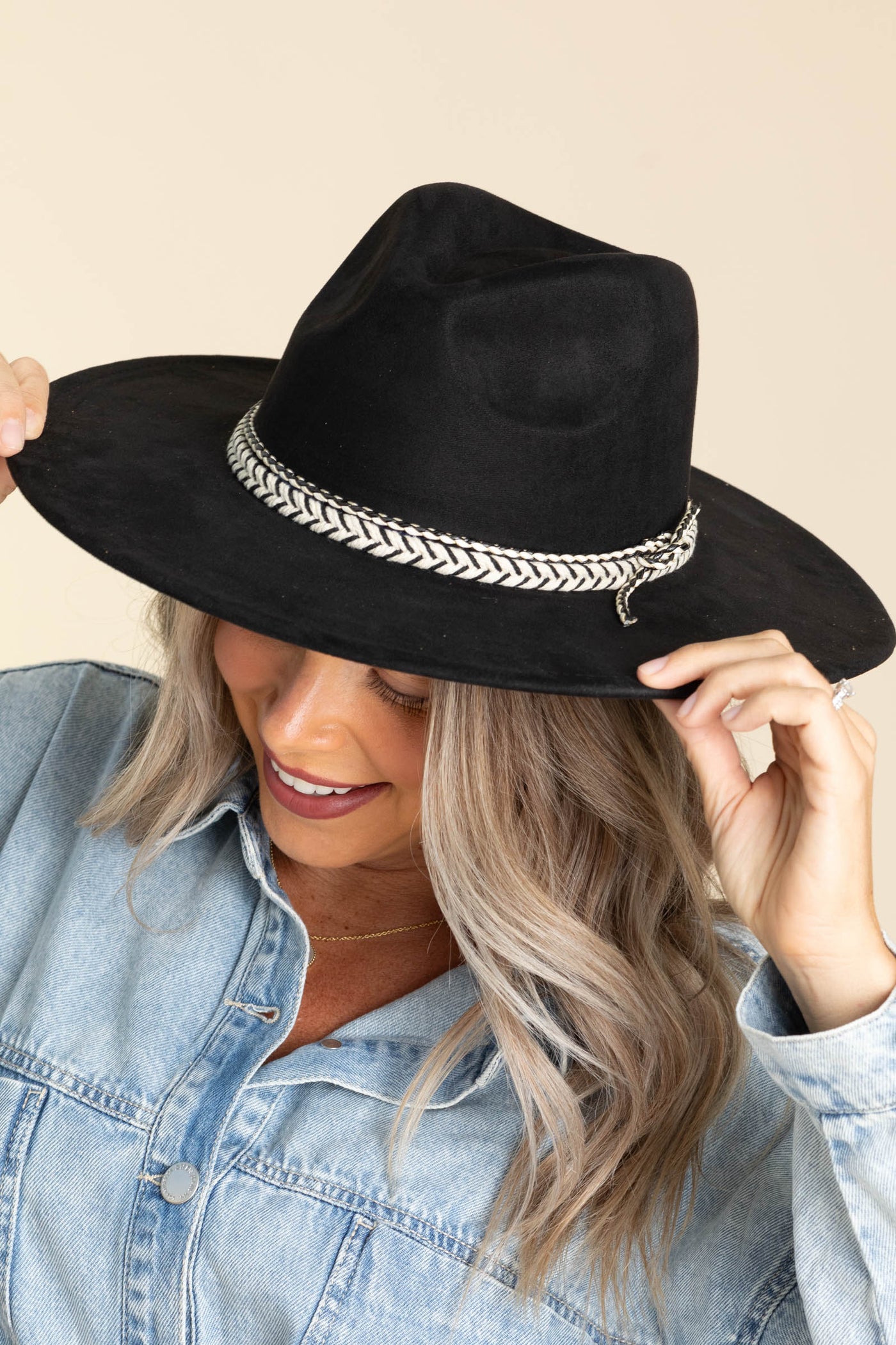 Black Braided Strap Faux Suede Hat