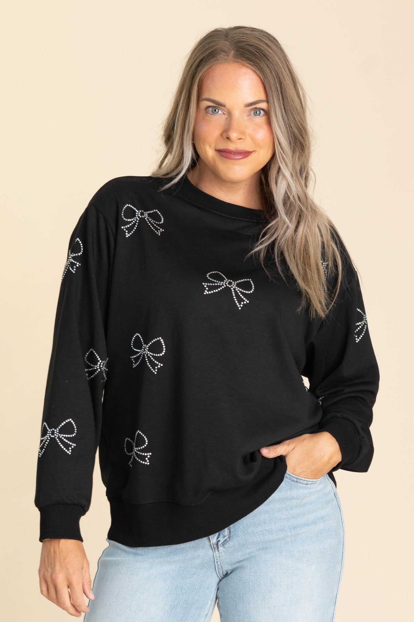 Black With Rhinestone Bows Knit Sweatshirt