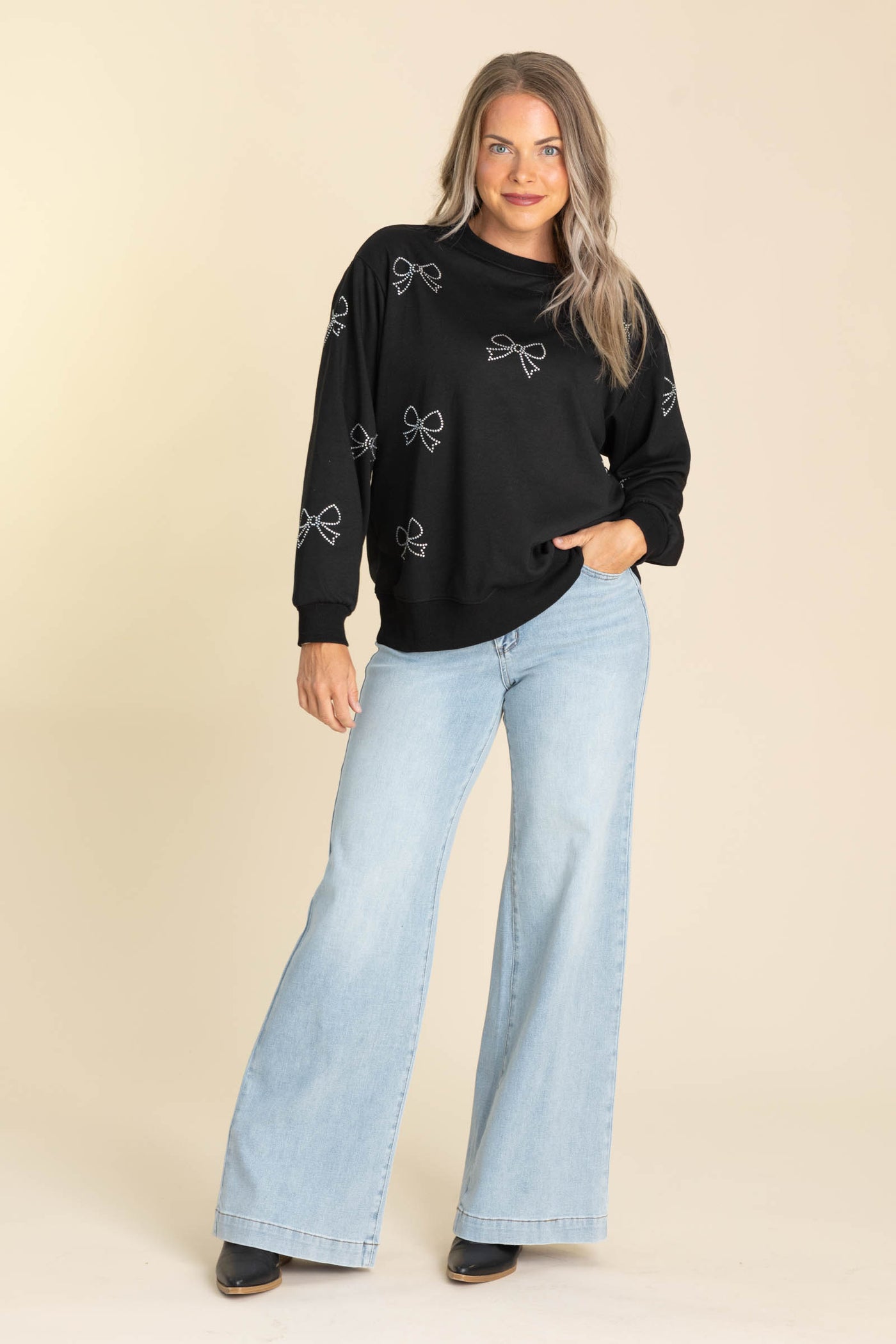 Black With Rhinestone Bows Knit Sweatshirt