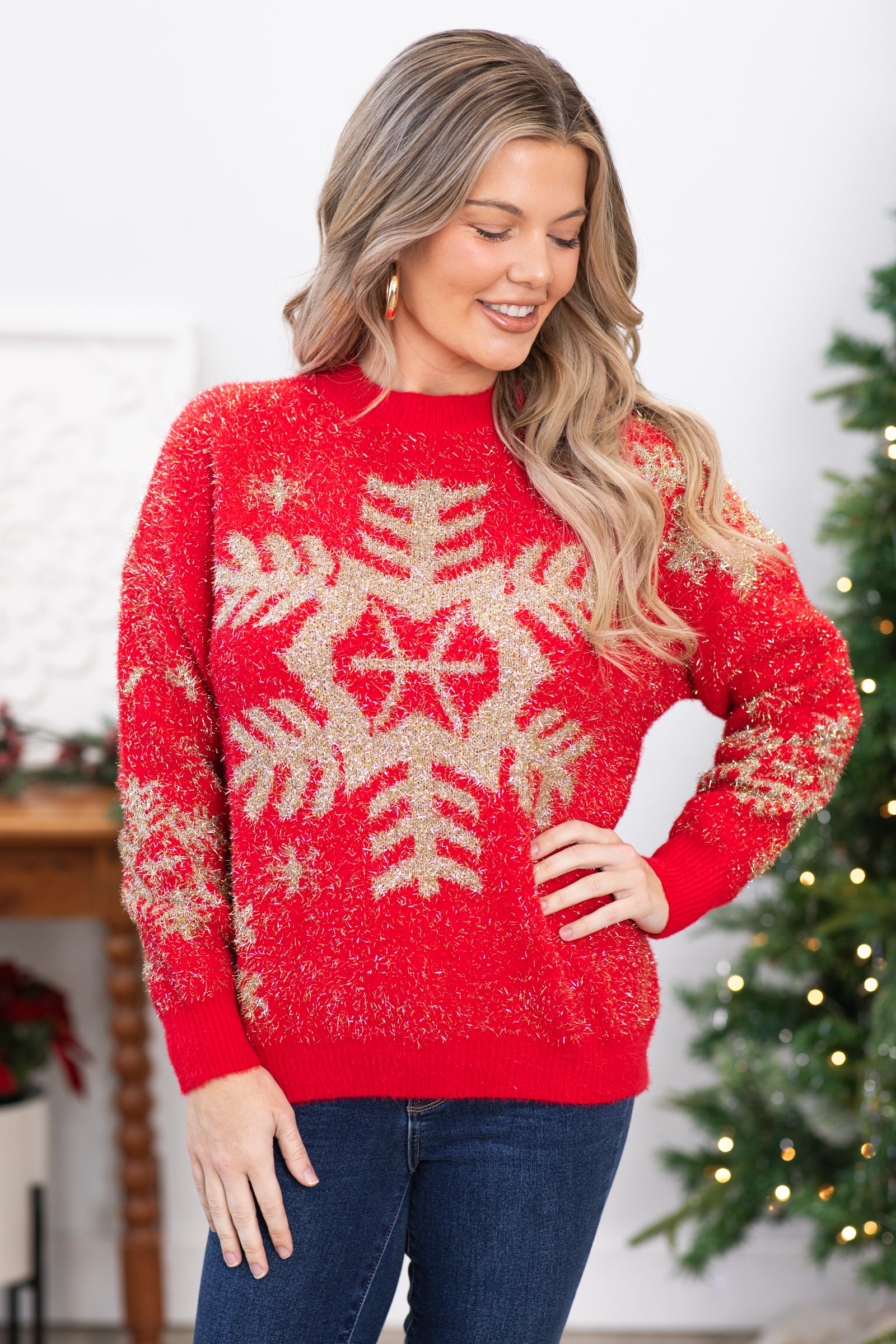 Red and Gold Snowflake Intarsia Sweater