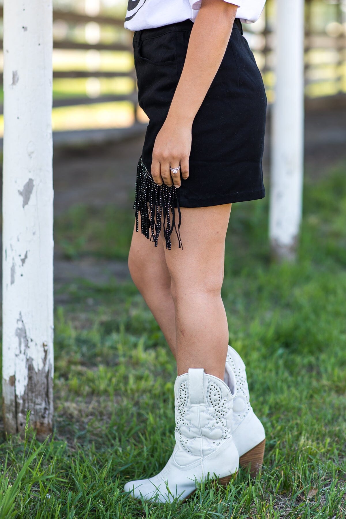 Black Denim Skirt With Fringe Detail - Filly Flair