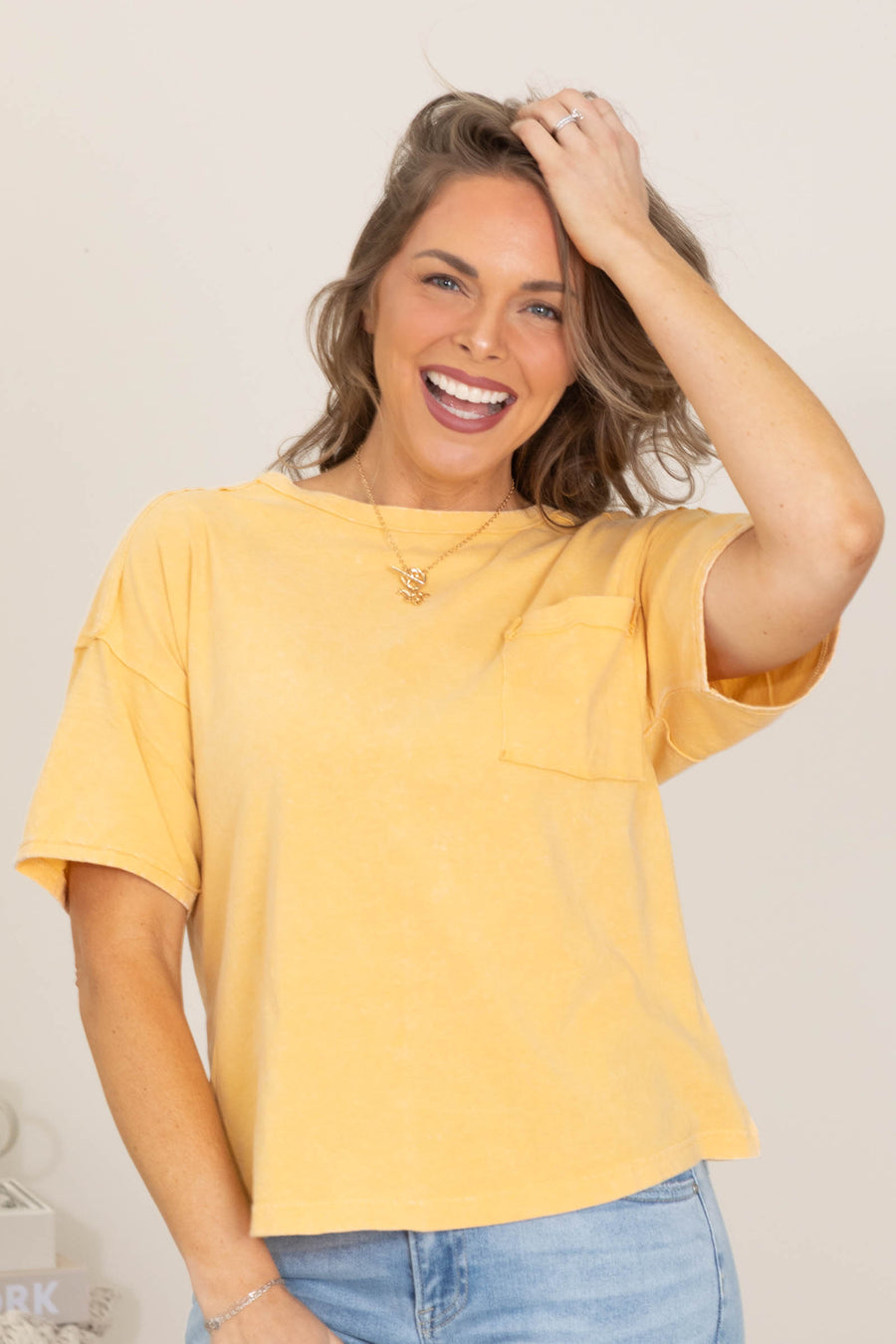 Mineral Washed Knit Tops With Pocket