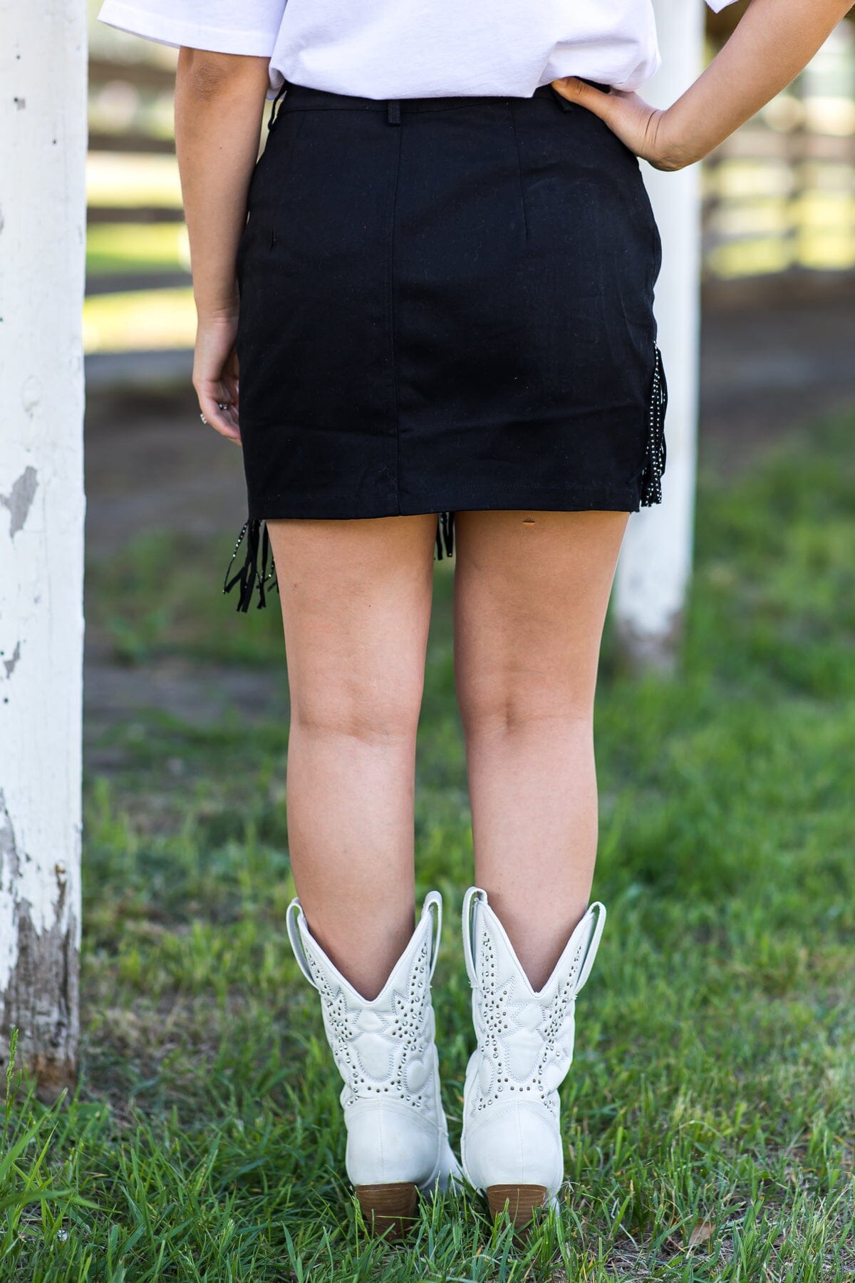 Black Denim Skirt With Fringe Detail - Filly Flair