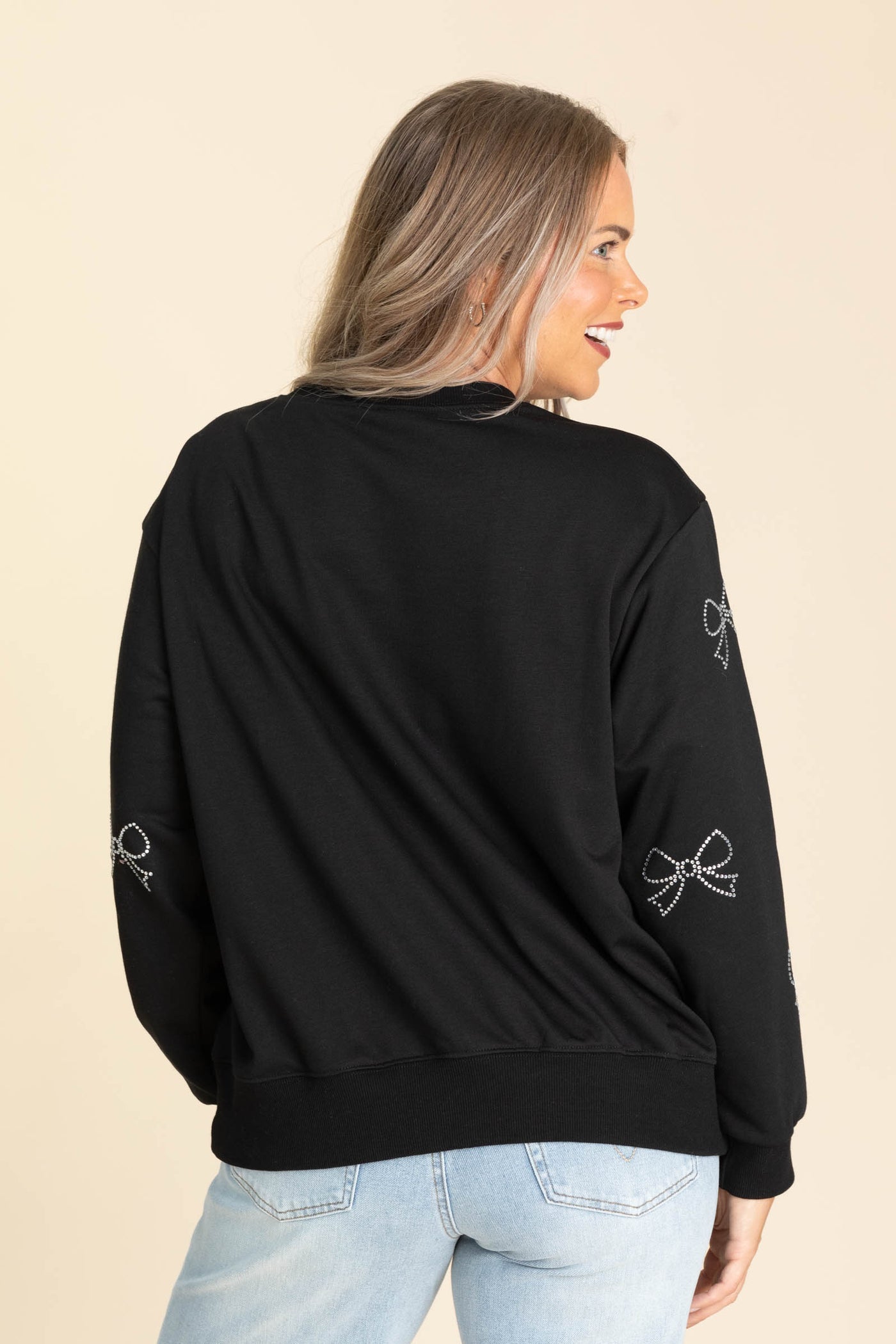 Black With Rhinestone Bows Knit Sweatshirt