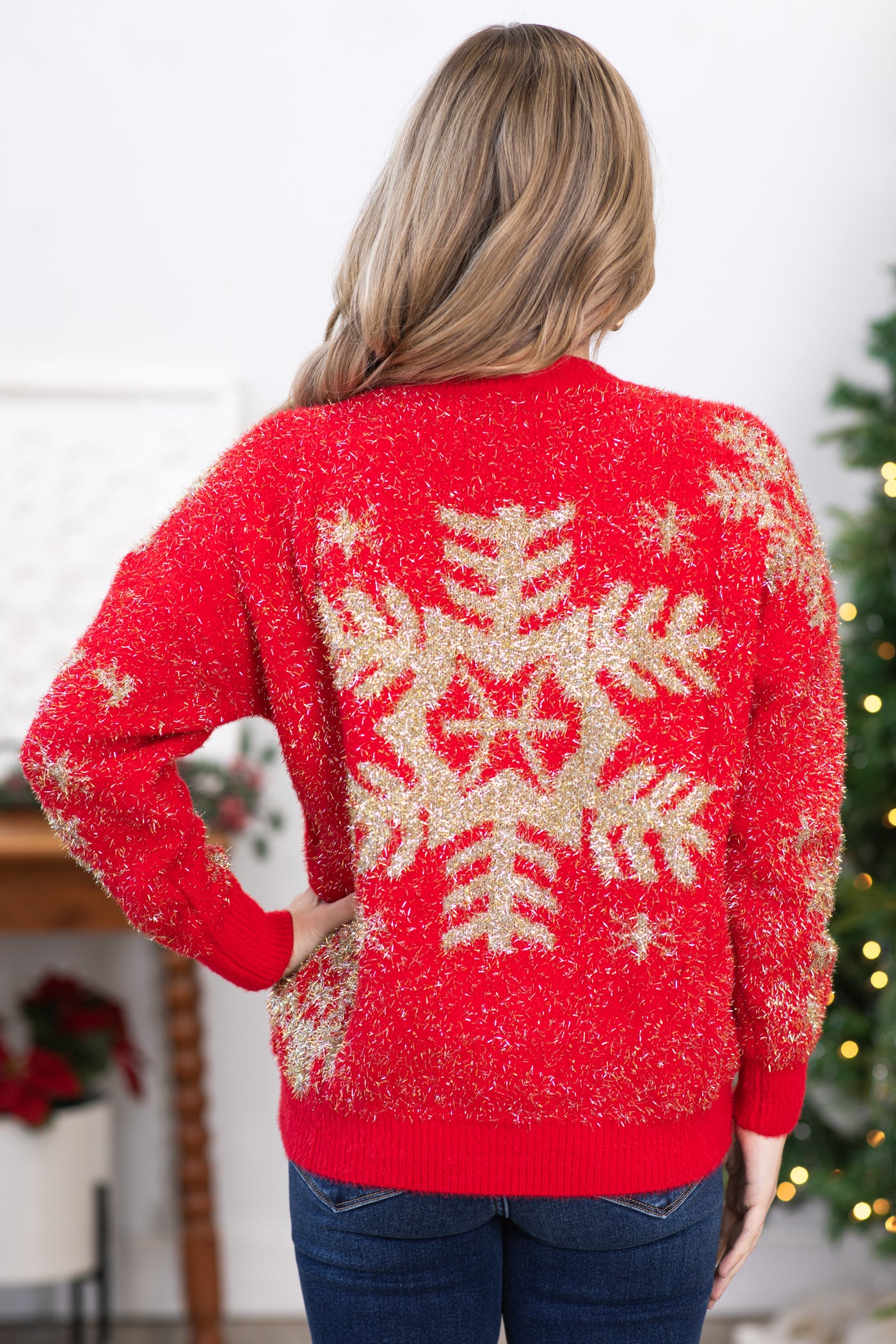 Red and Gold Snowflake Intarsia Sweater