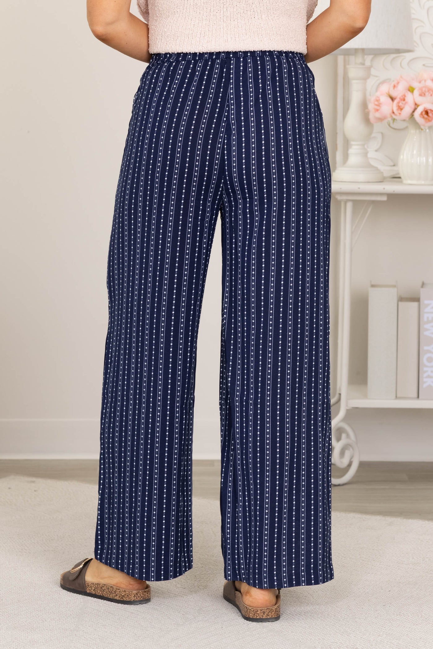 Navy Stripe Dot Pattern Relaxed Pants