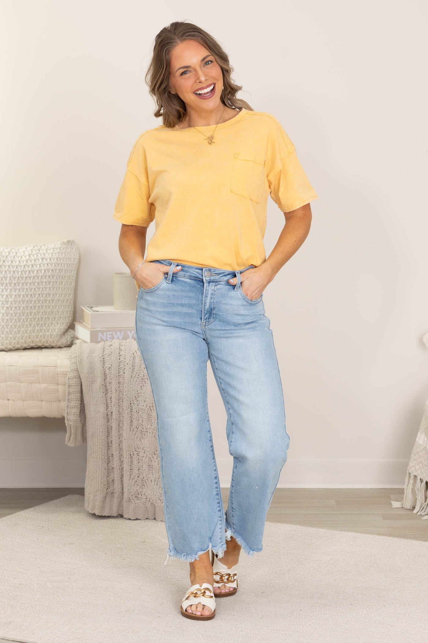 Risen Light Wash Mid Rise Crop Straight Jeans