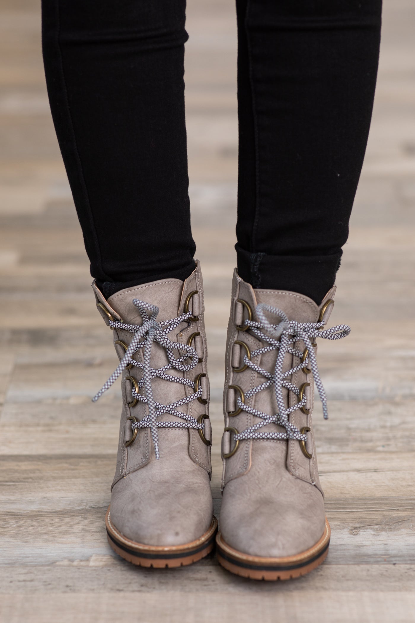 Grey Lace Up Boots With Block Heel