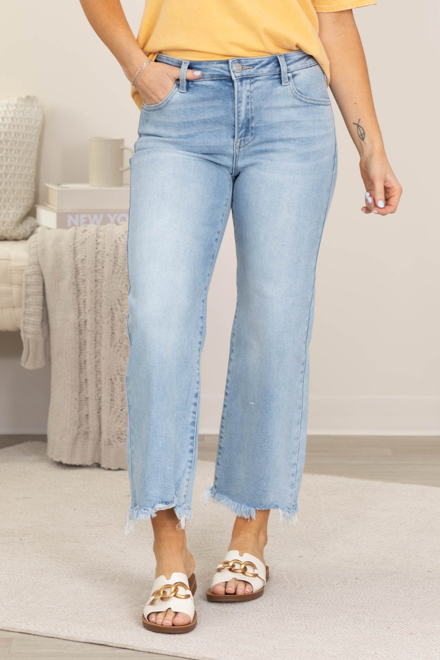 Risen Light Wash Mid Rise Crop Straight Jeans