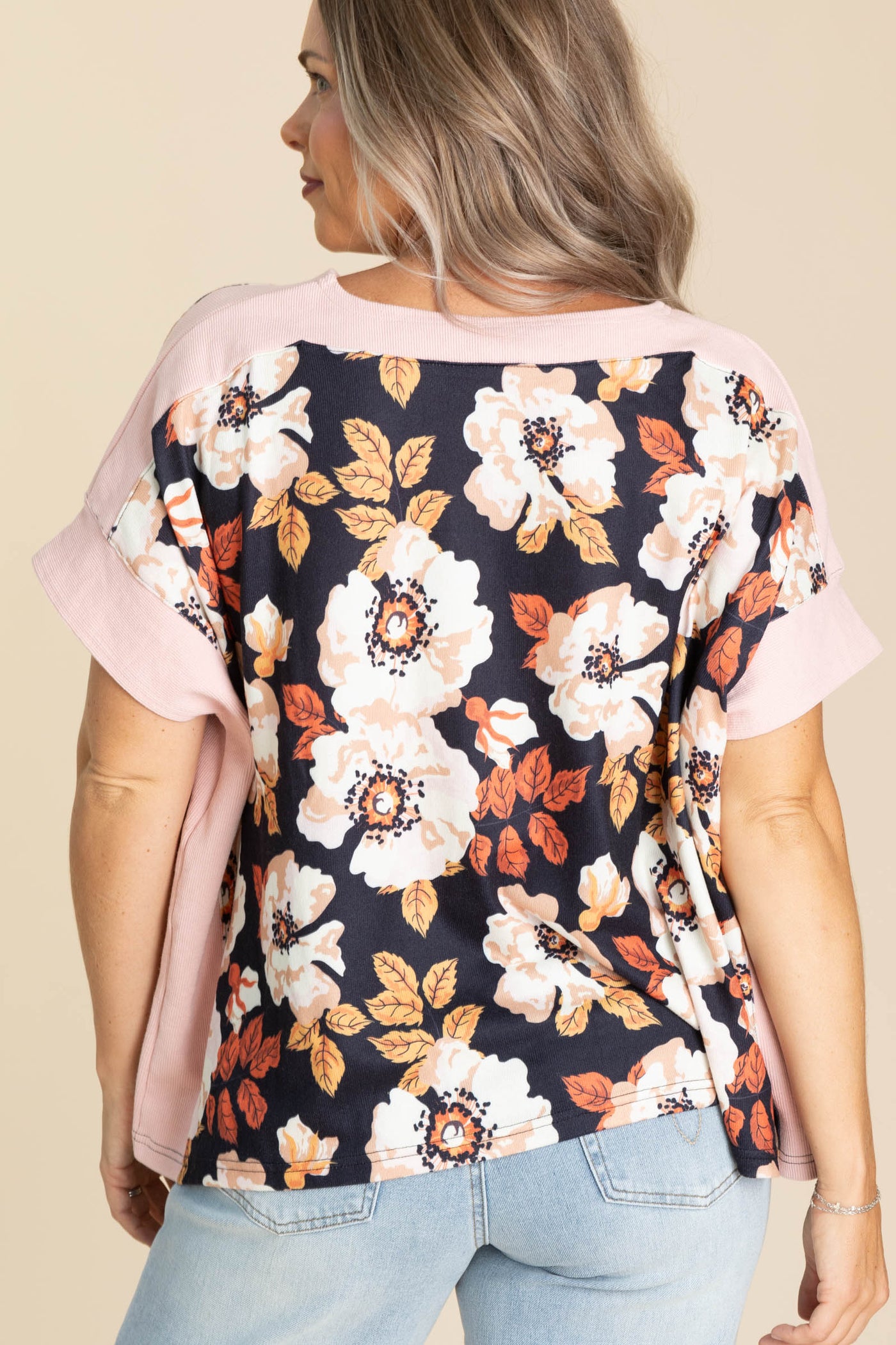 Pink Trim With Marigold Floral Knit Top