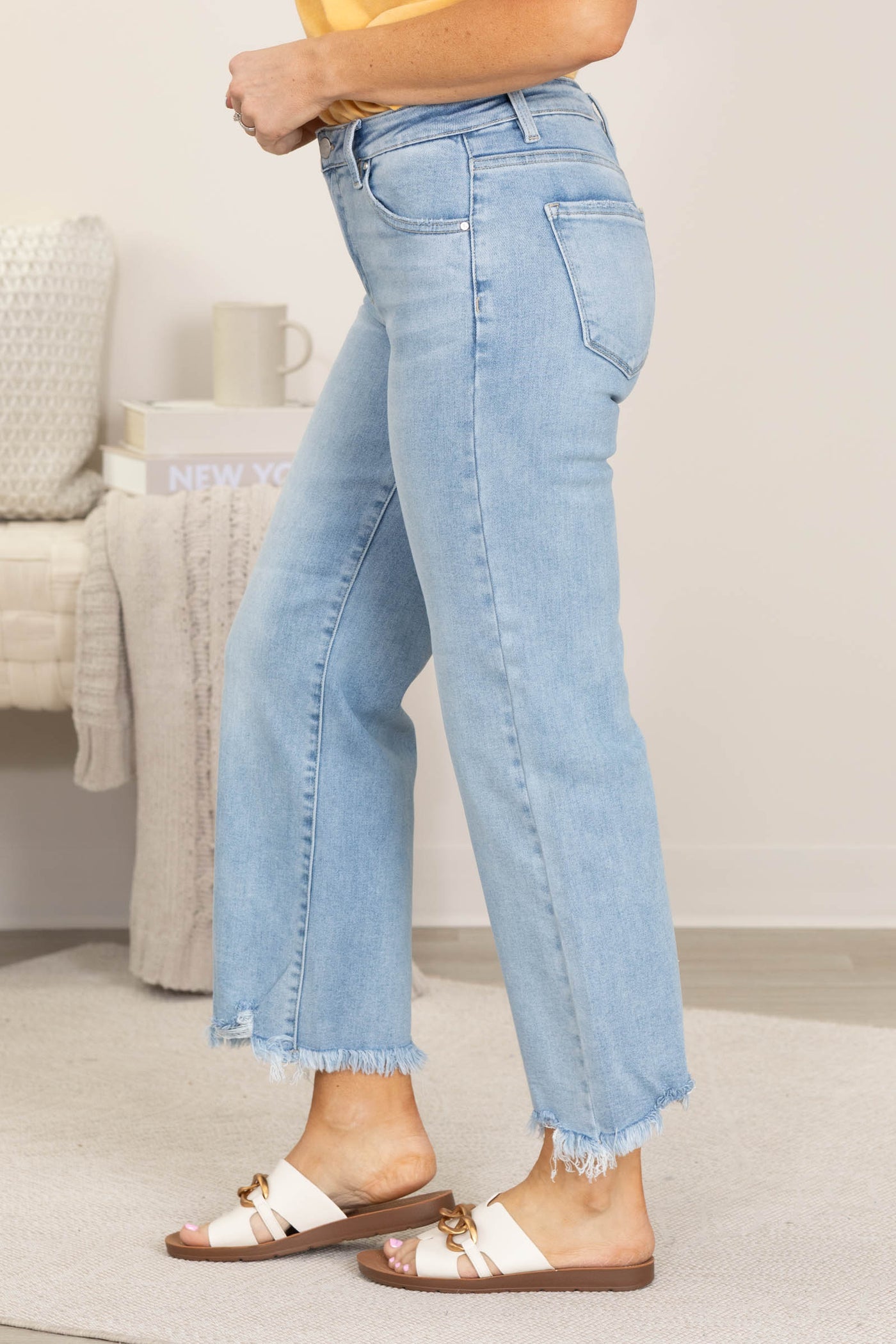 Risen Light Wash Mid Rise Crop Straight Jeans