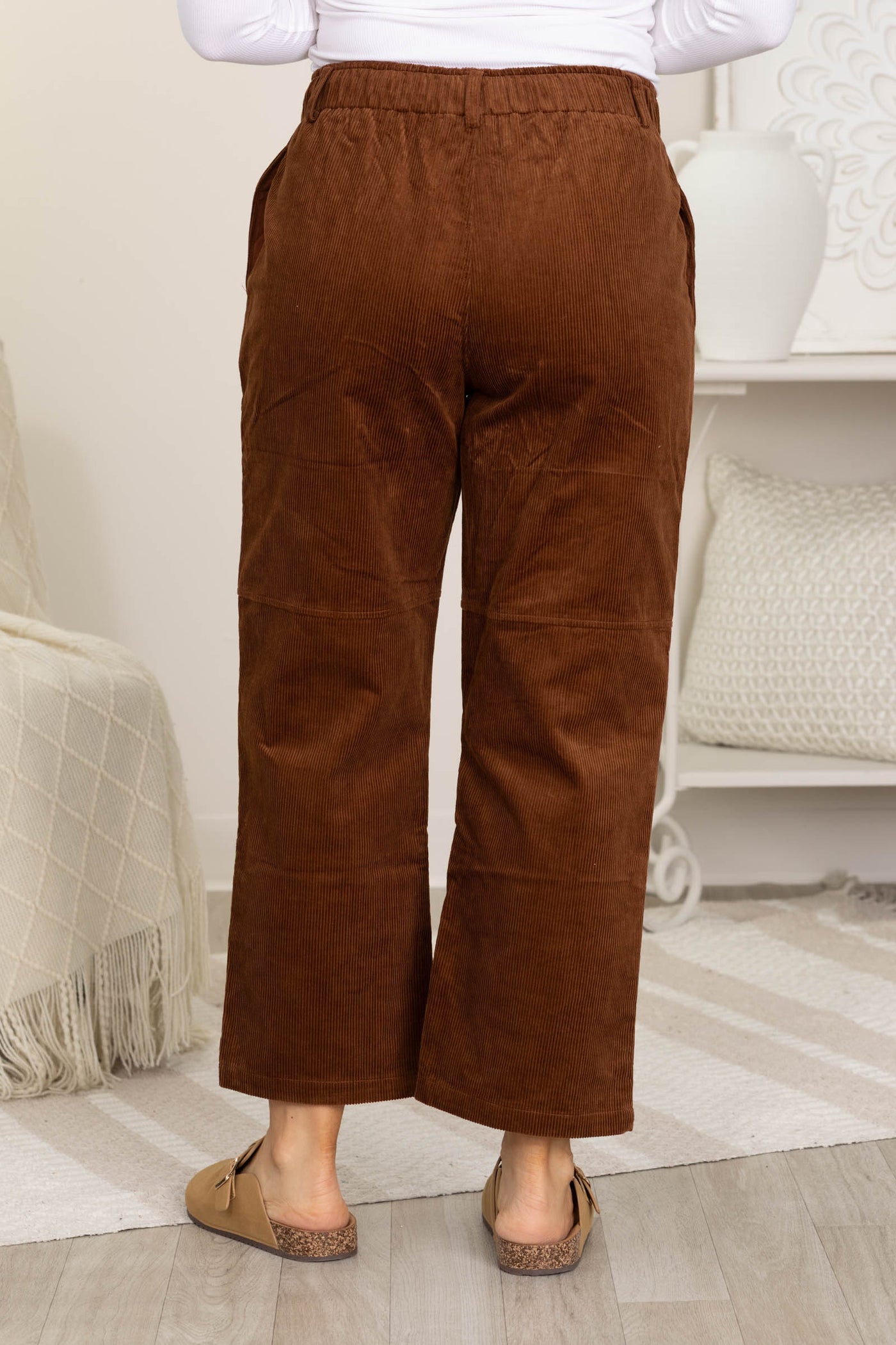 Brown Corduroy Elastic Tie Waist Straight Pant