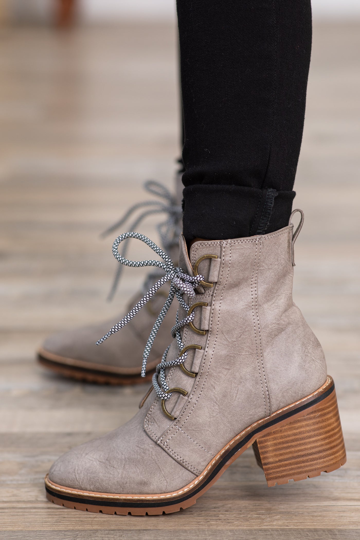 Grey Lace Up Boots With Block Heel