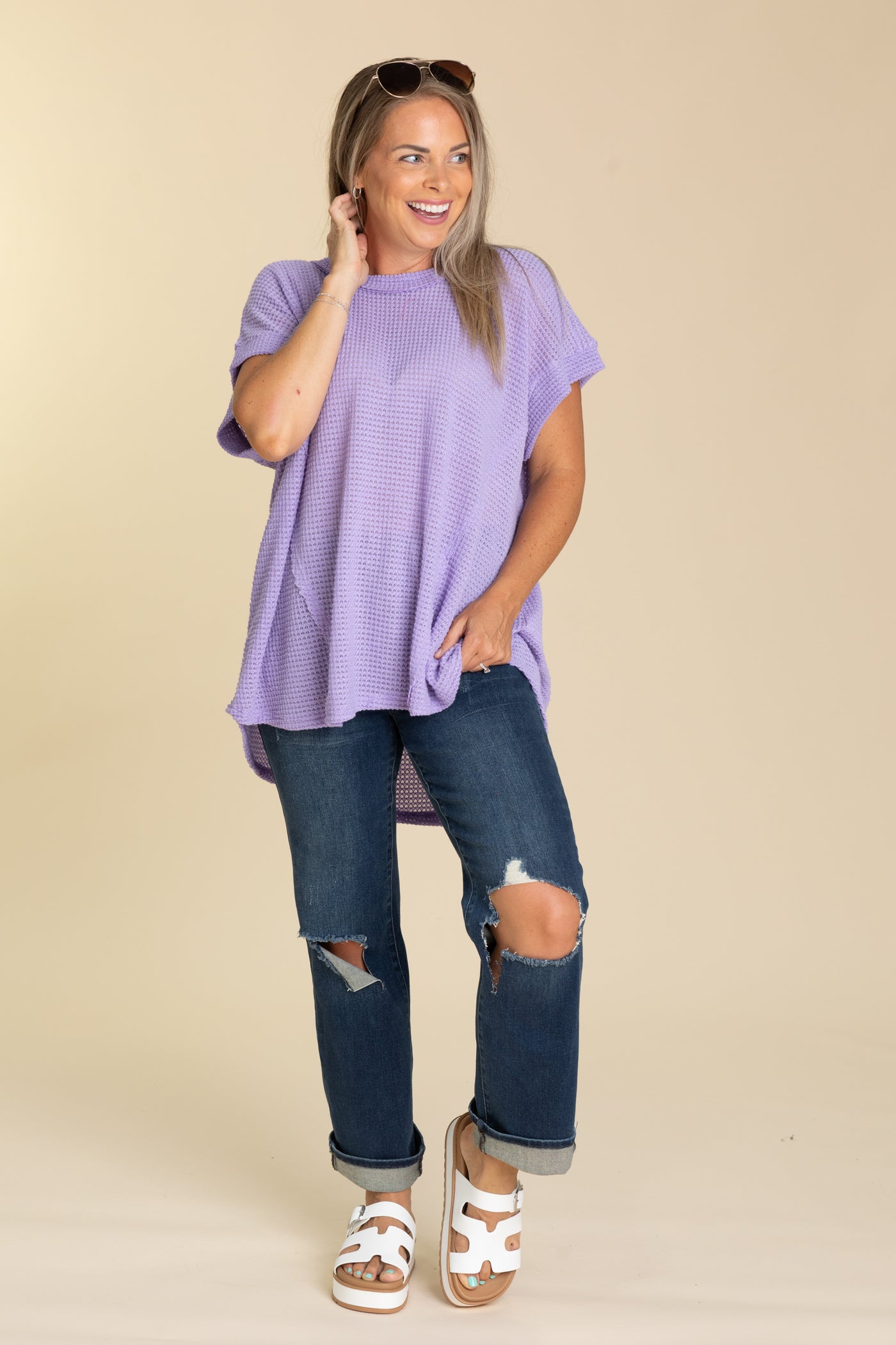 Waffle Knit Top With Seam Detail