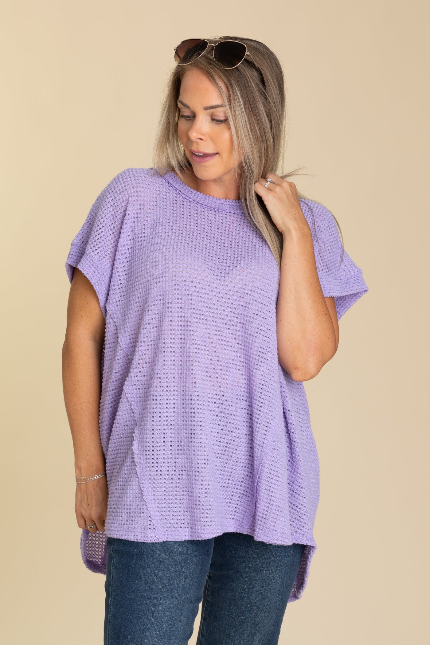 Waffle Knit Top With Seam Detail