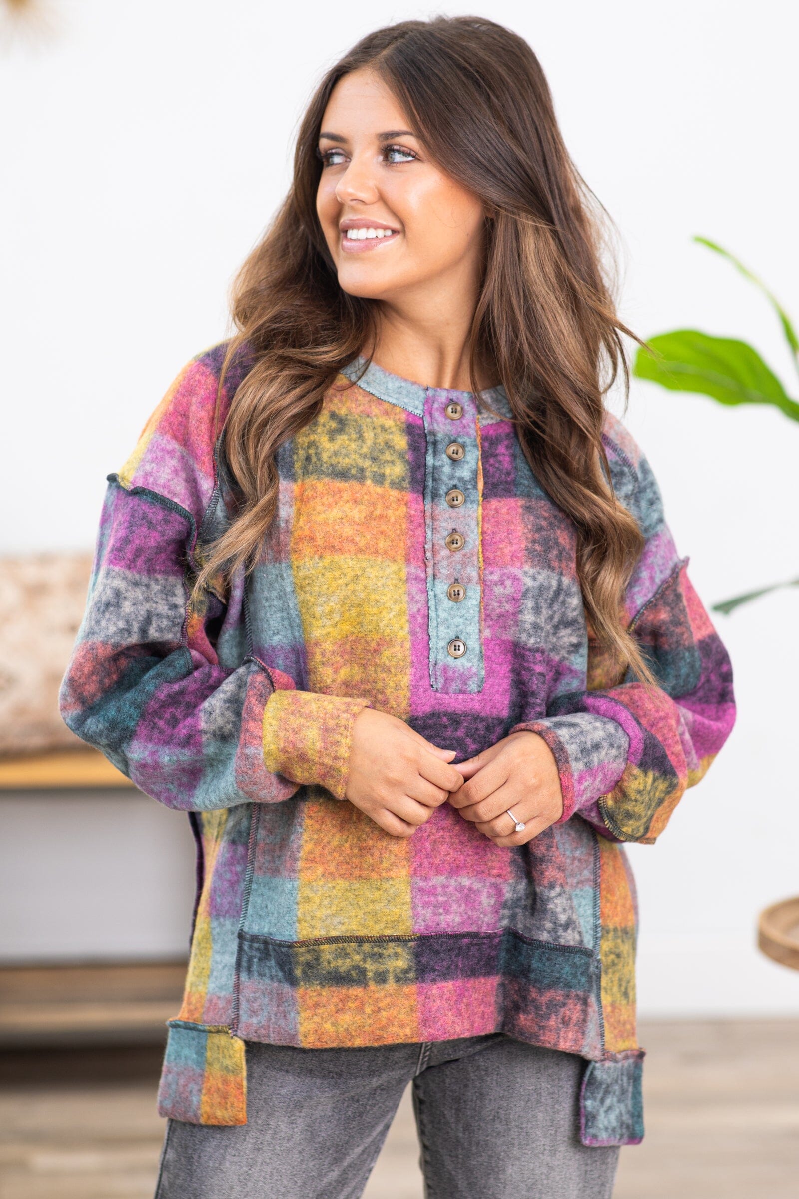 Mustard Multicolor Abstract Plaid Pullover - Filly Flair