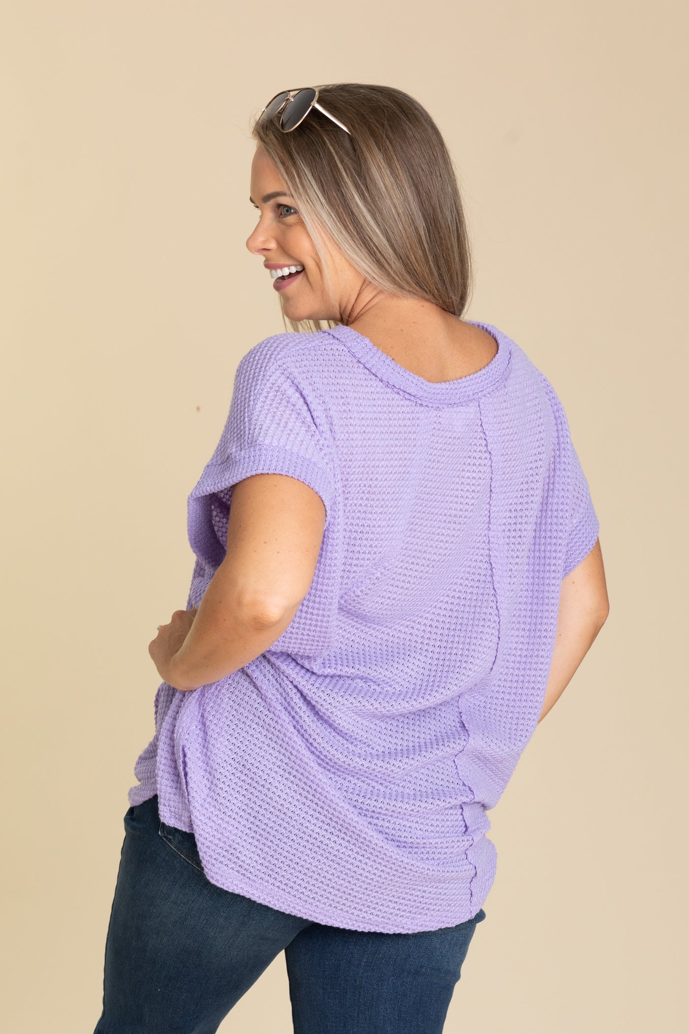 Waffle Knit Top With Seam Detail