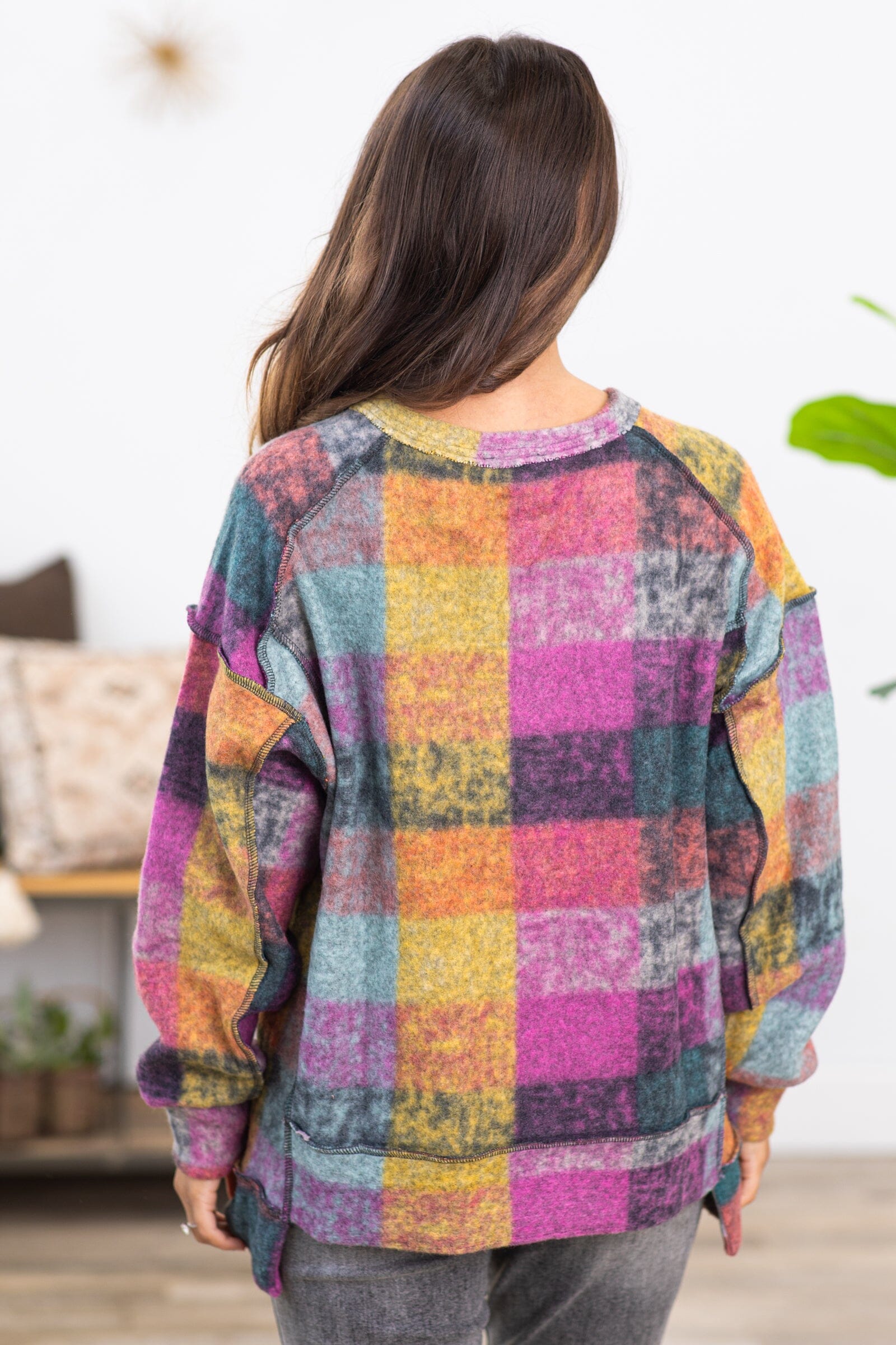 Mustard Multicolor Abstract Plaid Pullover - Filly Flair