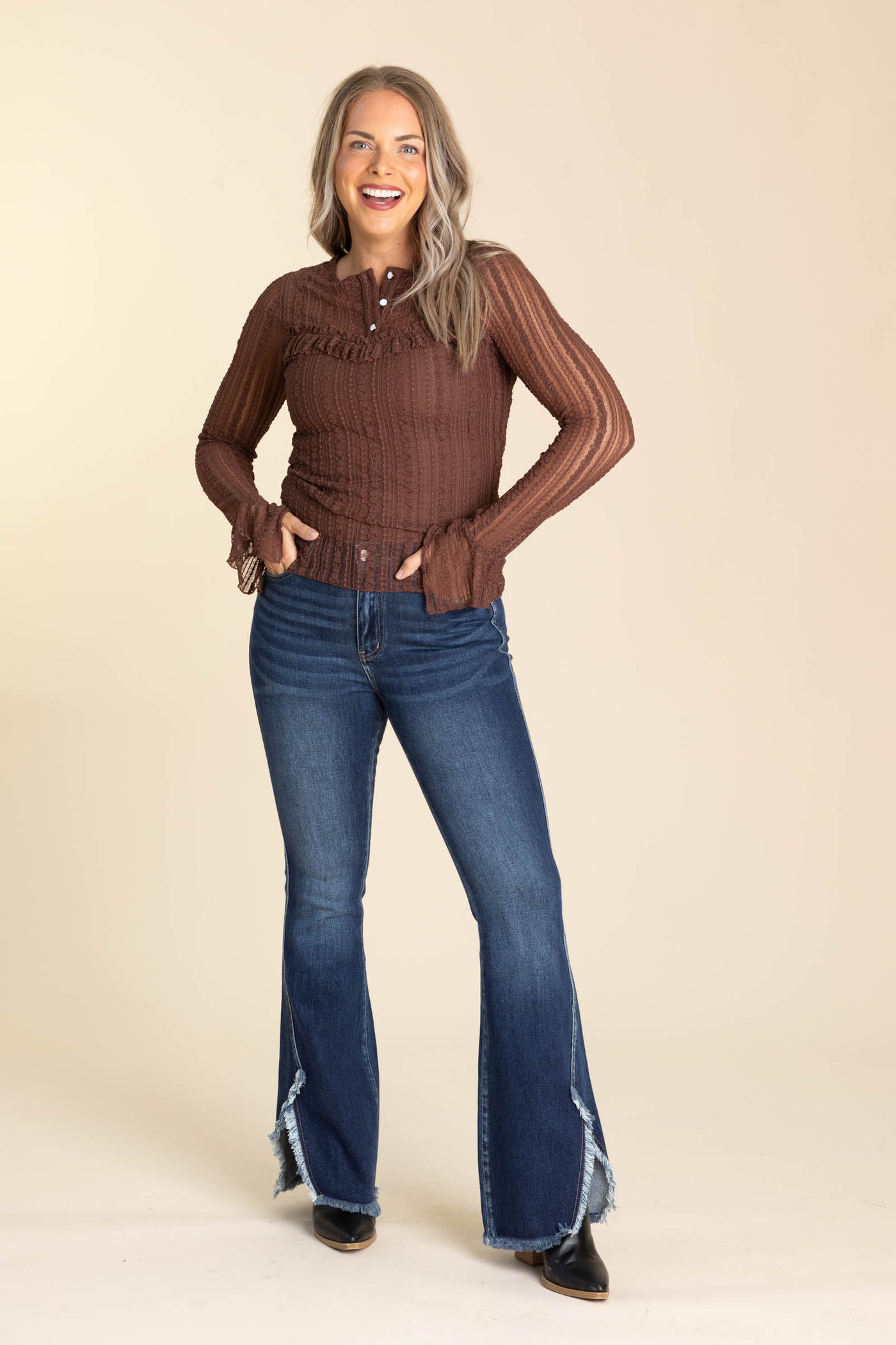 Brown Lace Ruffle Detail Knit Top