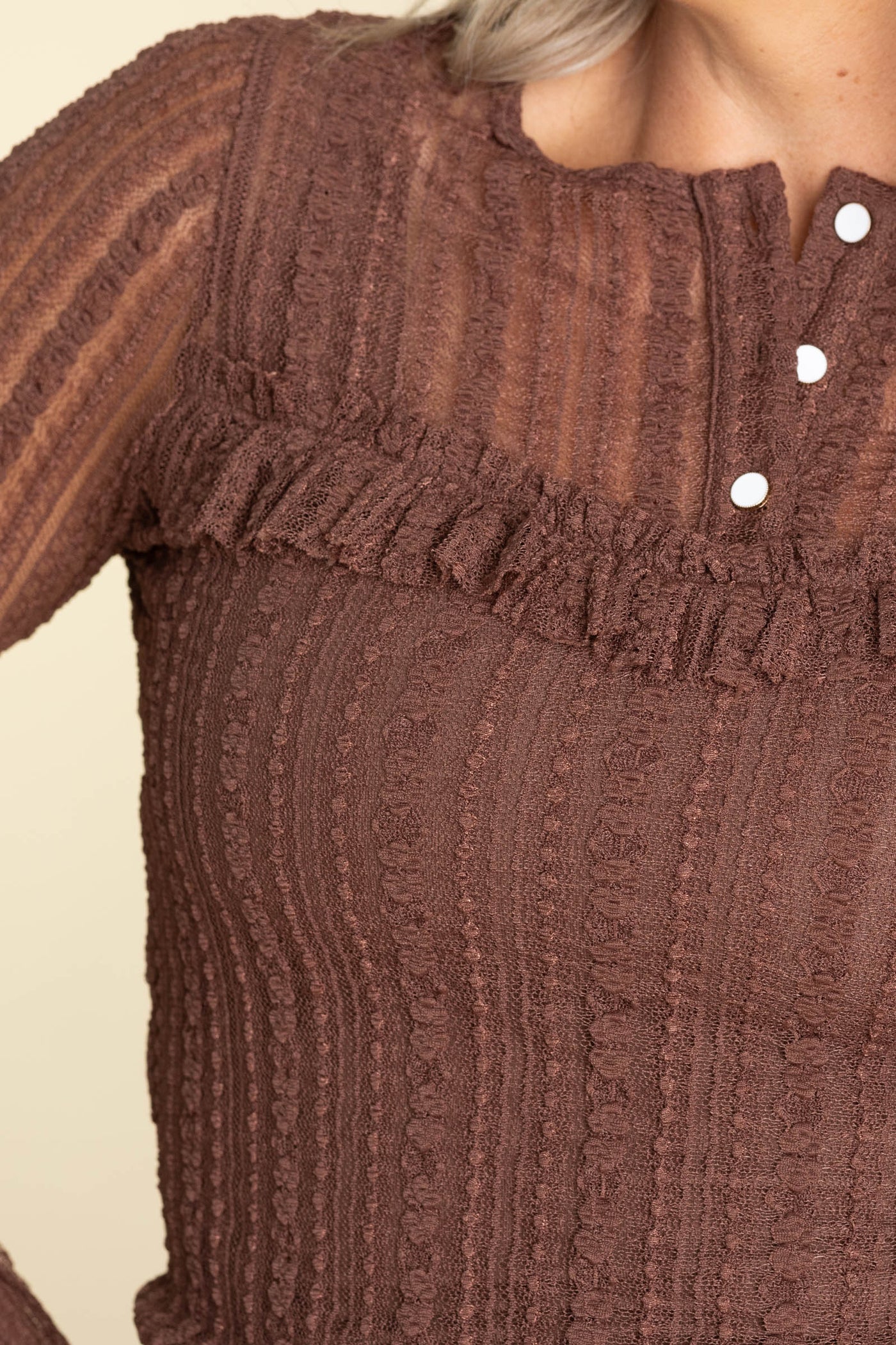 Brown Lace Ruffle Detail Knit Top