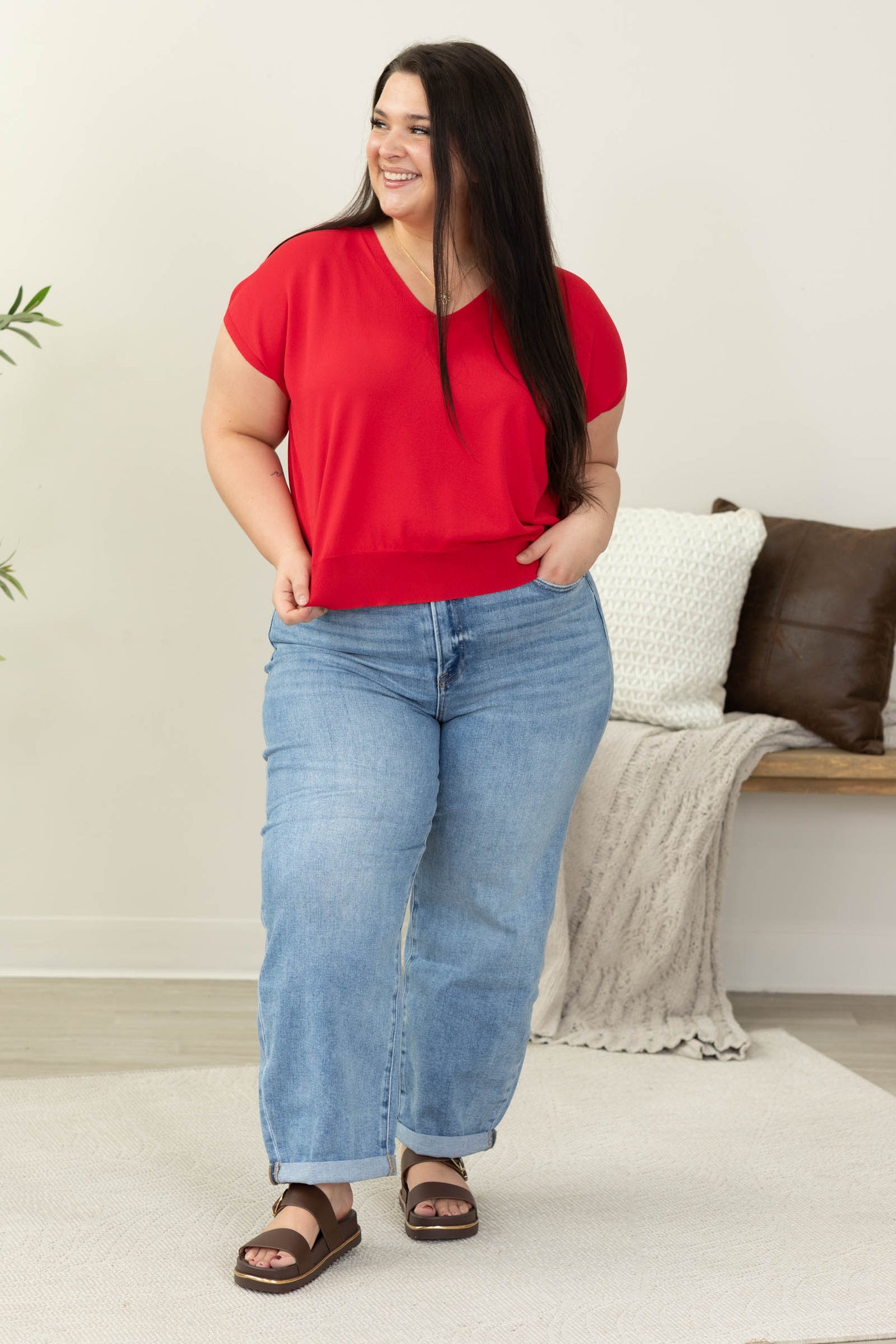Relaxed Fit Short Sleeve V-Neck Knit Top