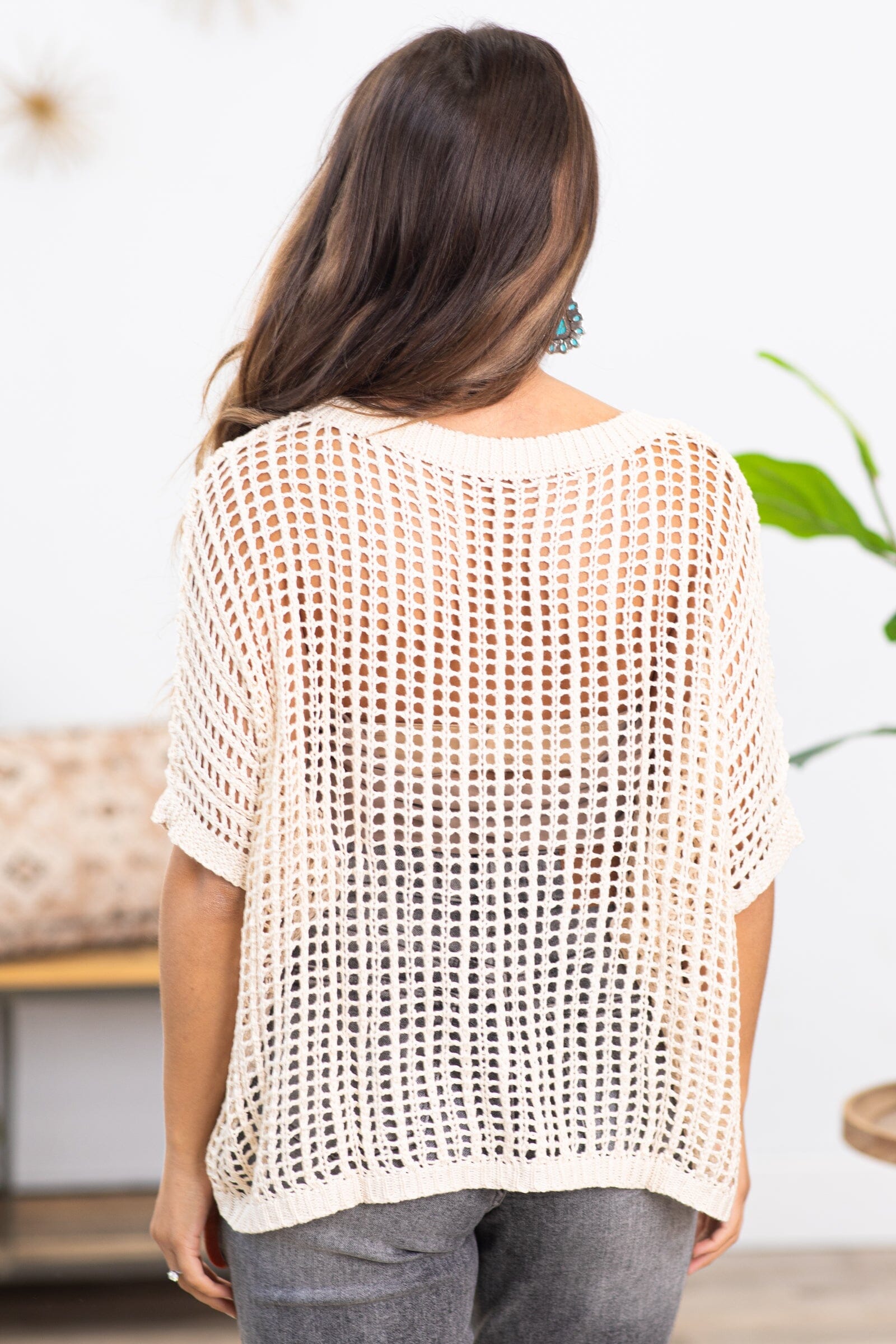 Beige Fishnet Ribbed Trim Top - Filly Flair