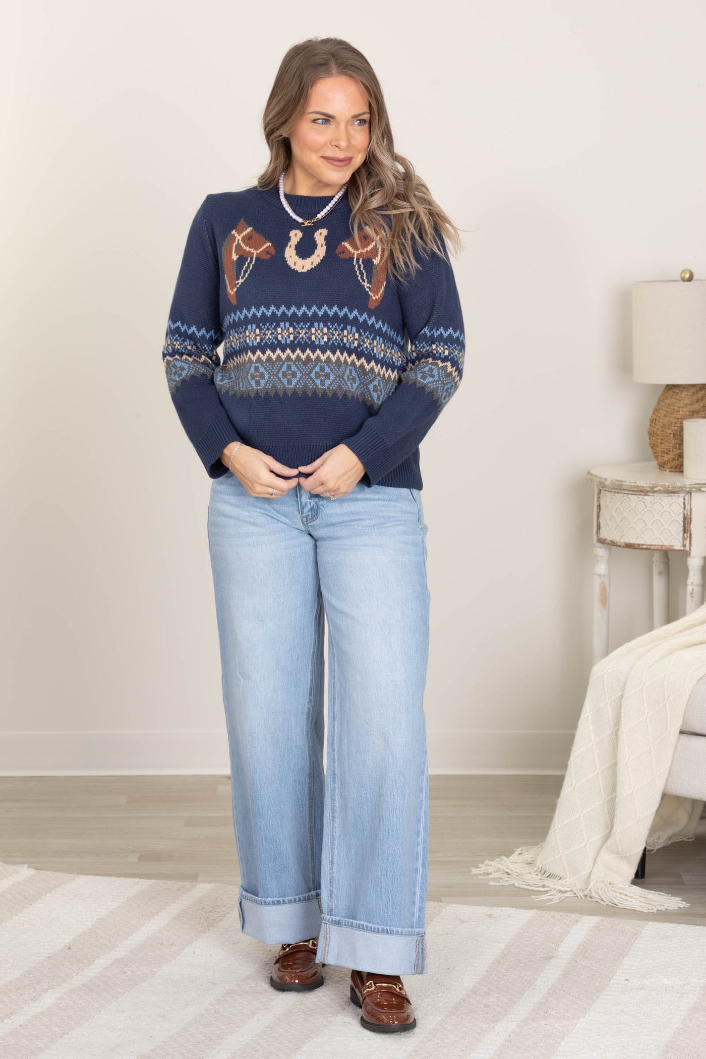 Navy Western Horse And Horseshoe Sweater