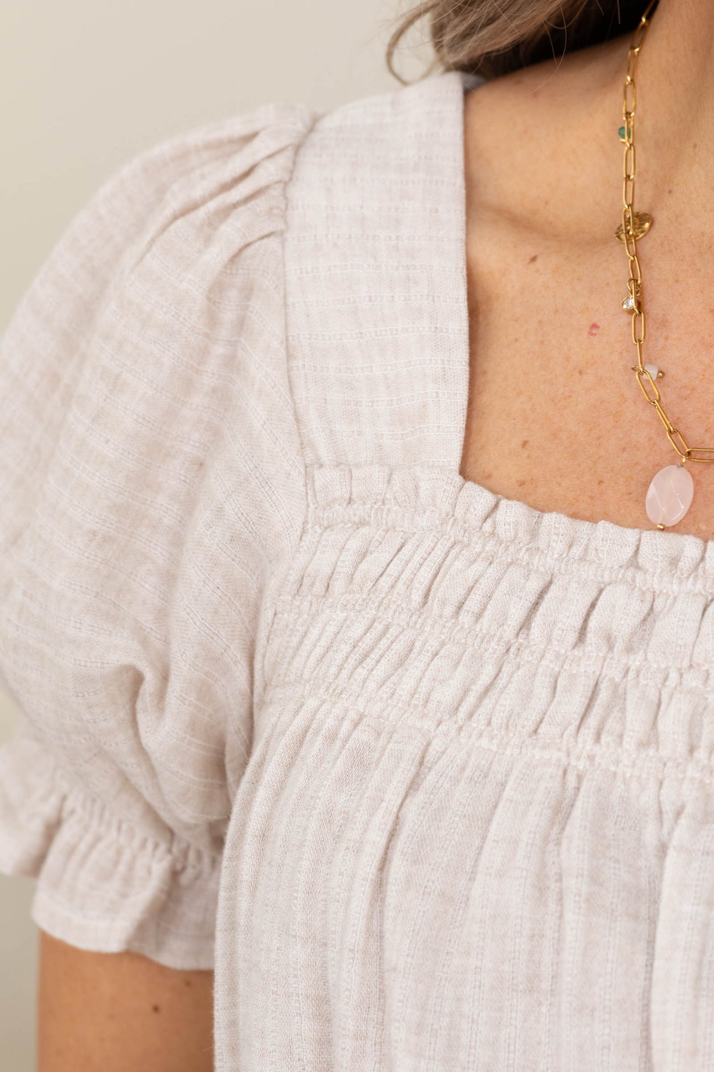 Oatmeal Smocked Chest Pinstriped Linen Top