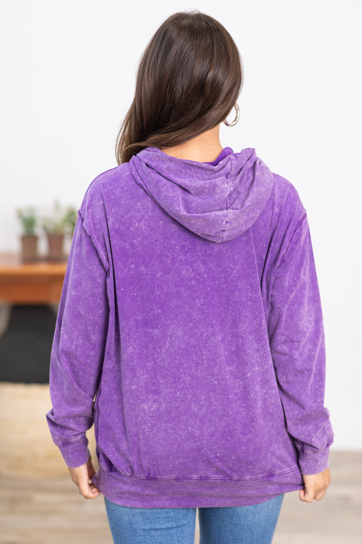 Purple Mineral Wash Hooded Long Sleeve Top