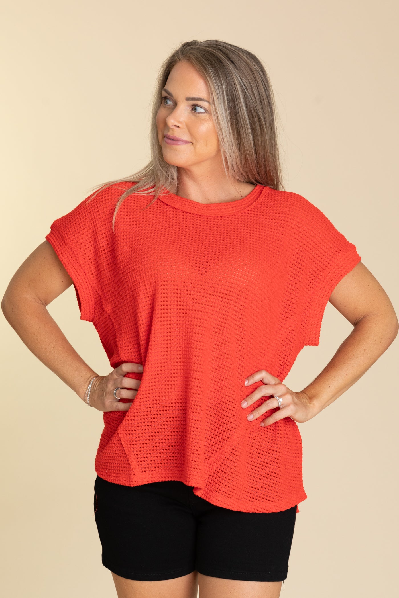 Waffle Knit Top With Seam Detail