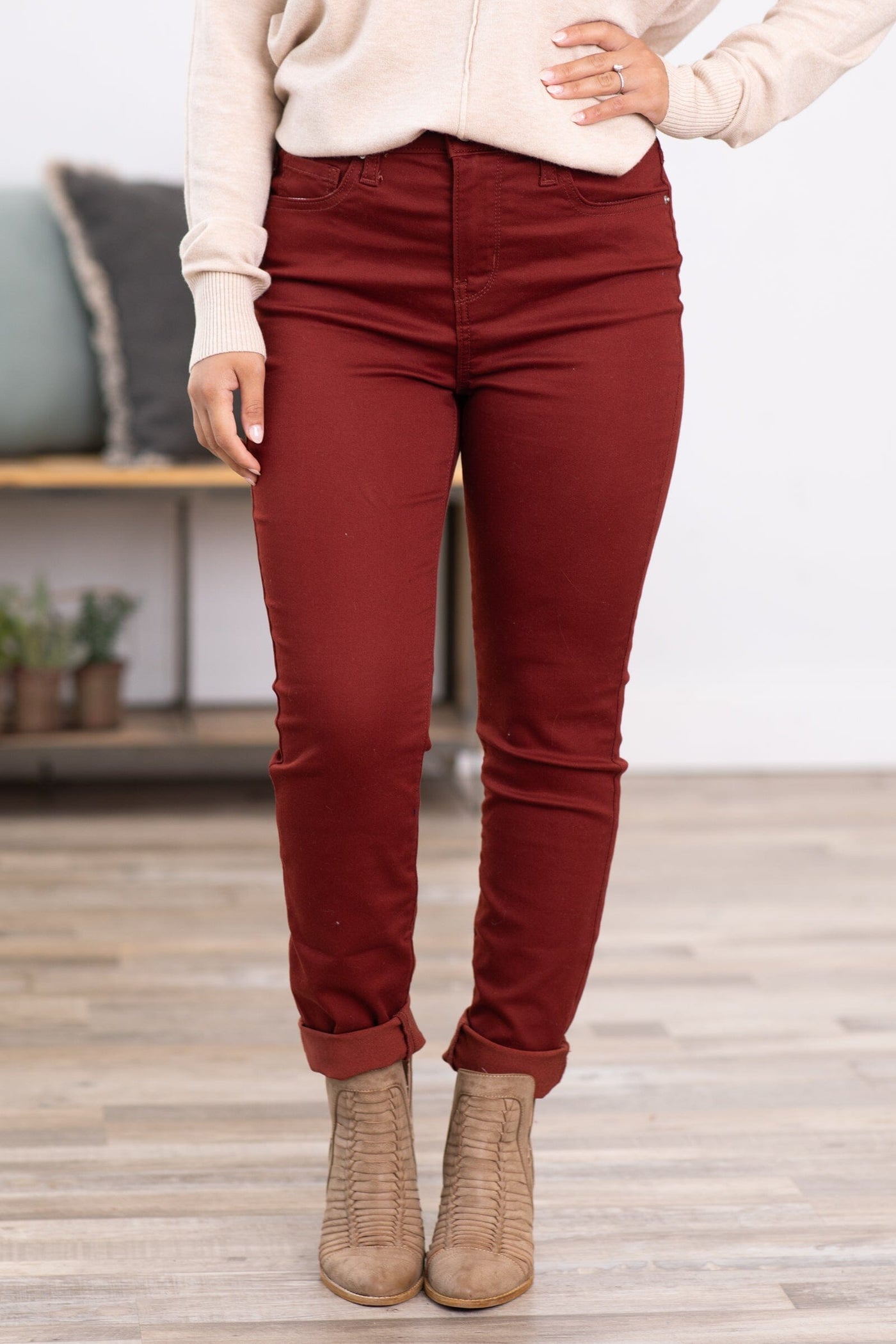 Zenana Maroon Skinny Pants With Stretch - Filly Flair