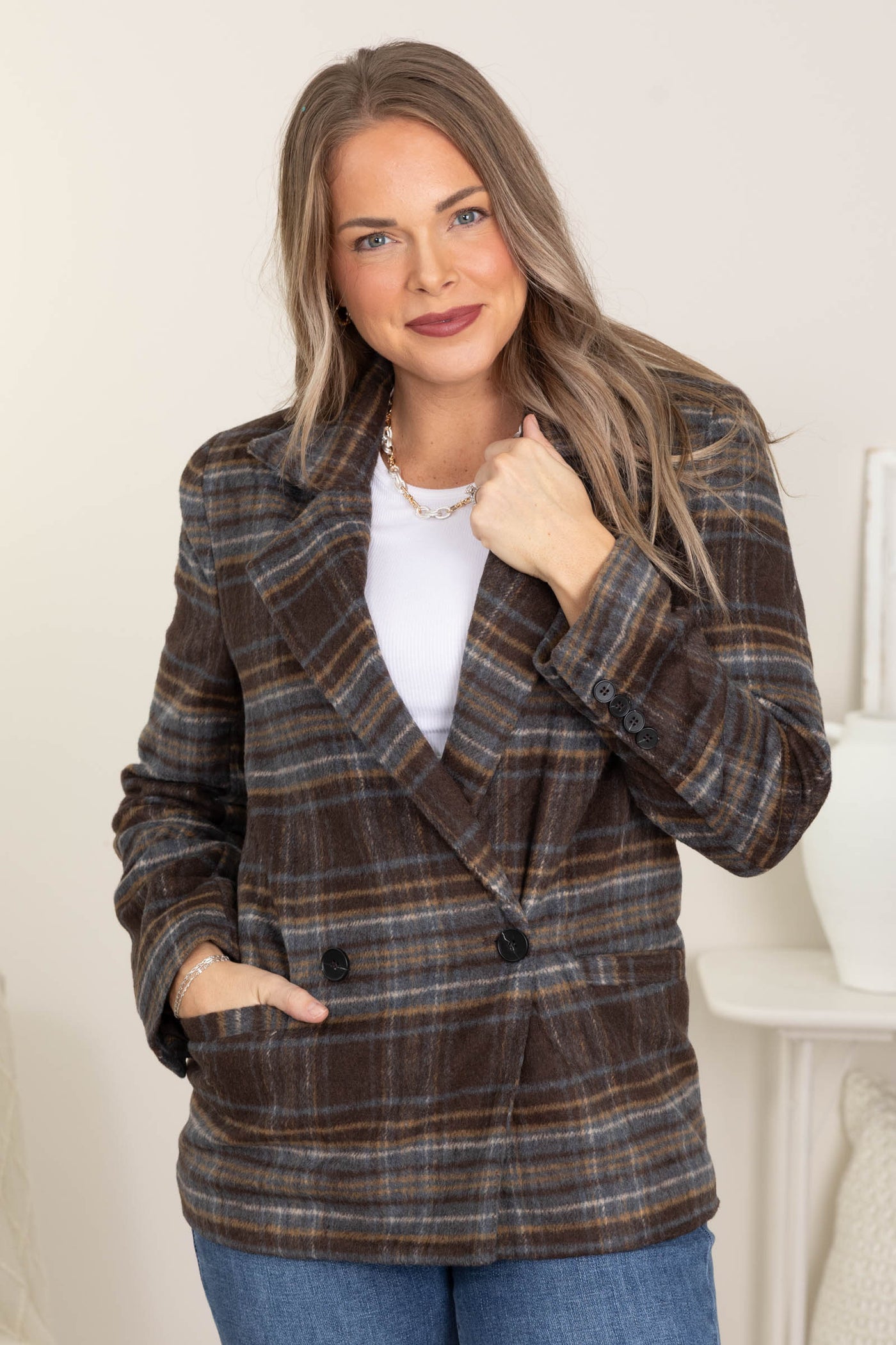 Brown Plaid Button Front Long Line Jacket