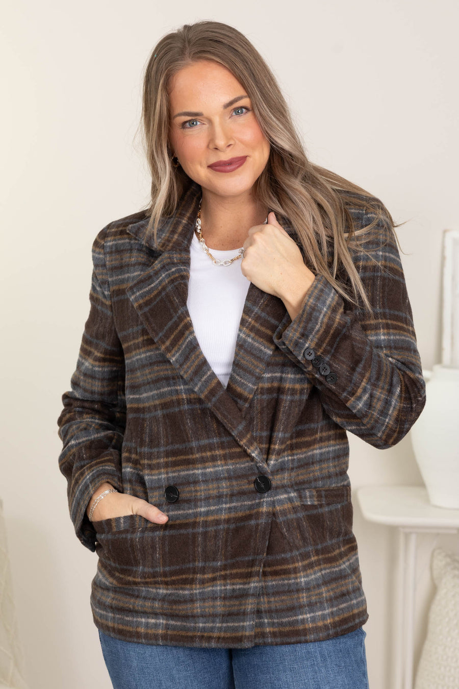 Brown Plaid Button Front Long Line Jacket