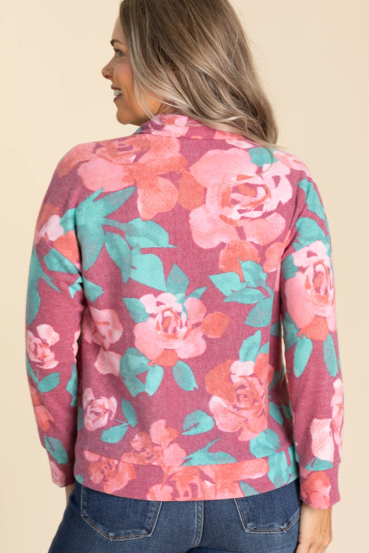 Rose Floral Zip Up Brushed Hacci Knit Top