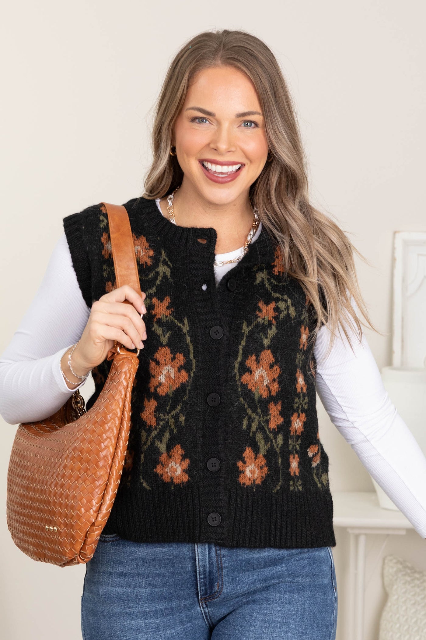 Black Floral Button Knit Sweater Vest