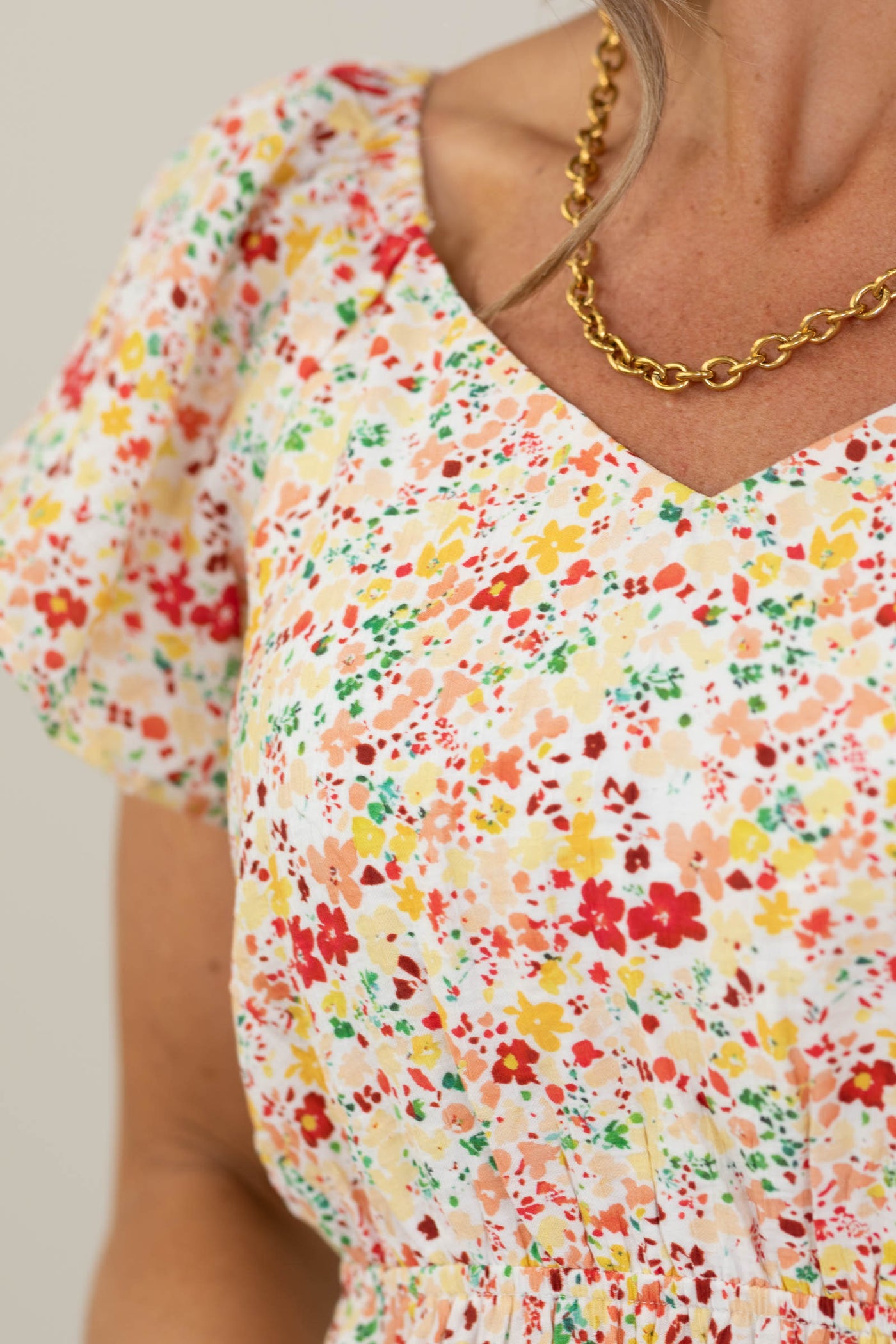 Staccato Peach And Red Floral Flutter Sleeve Dress