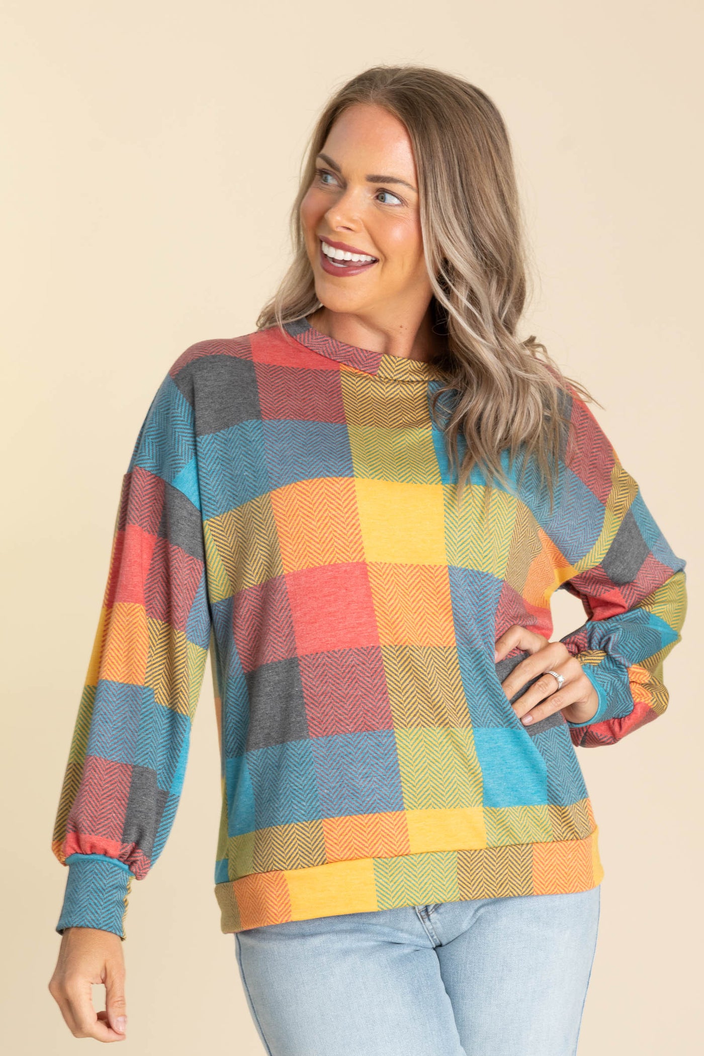 Drop Shoulder Oversized Checker Knit Tops