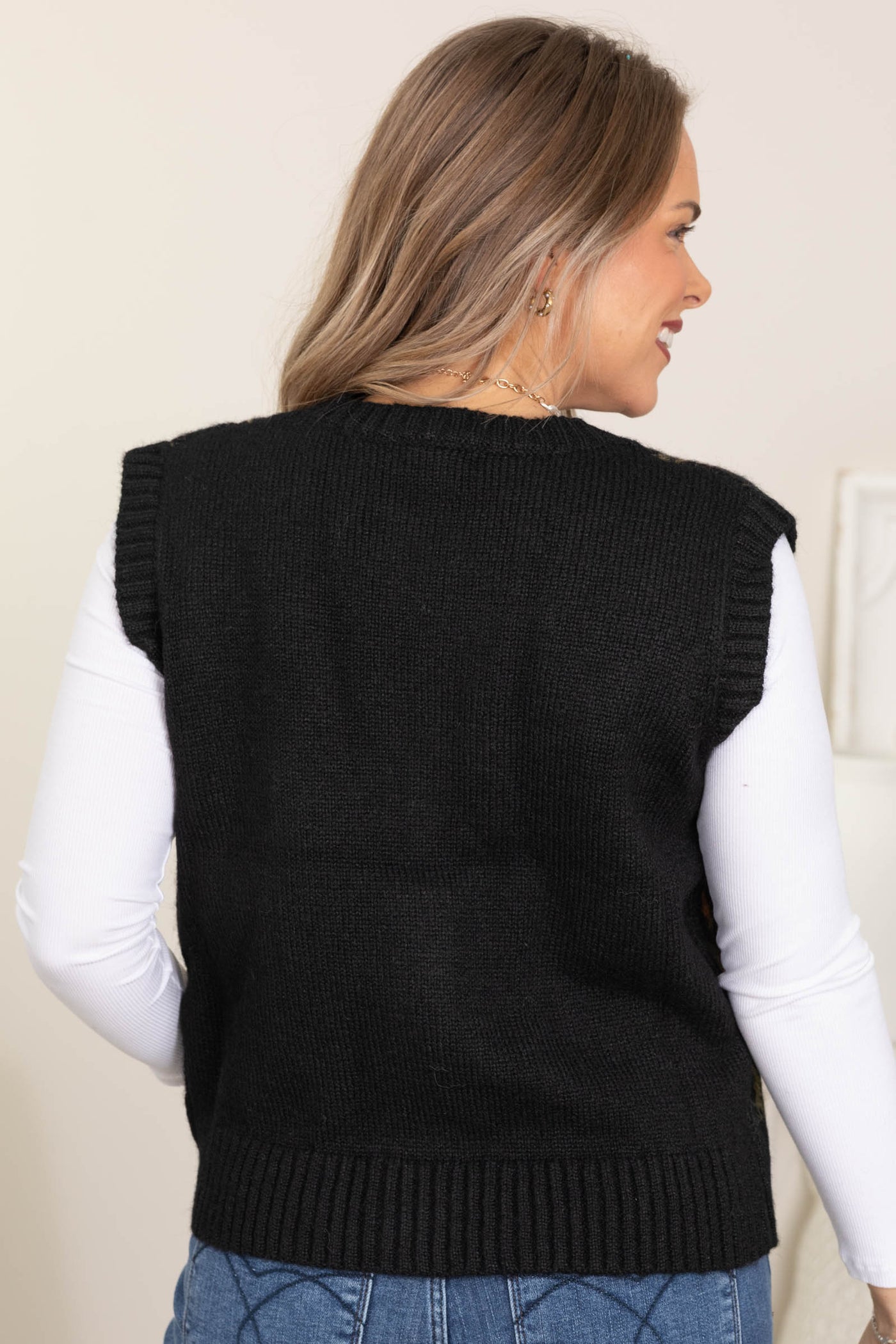 Black Floral Button Knit Sweater Vest