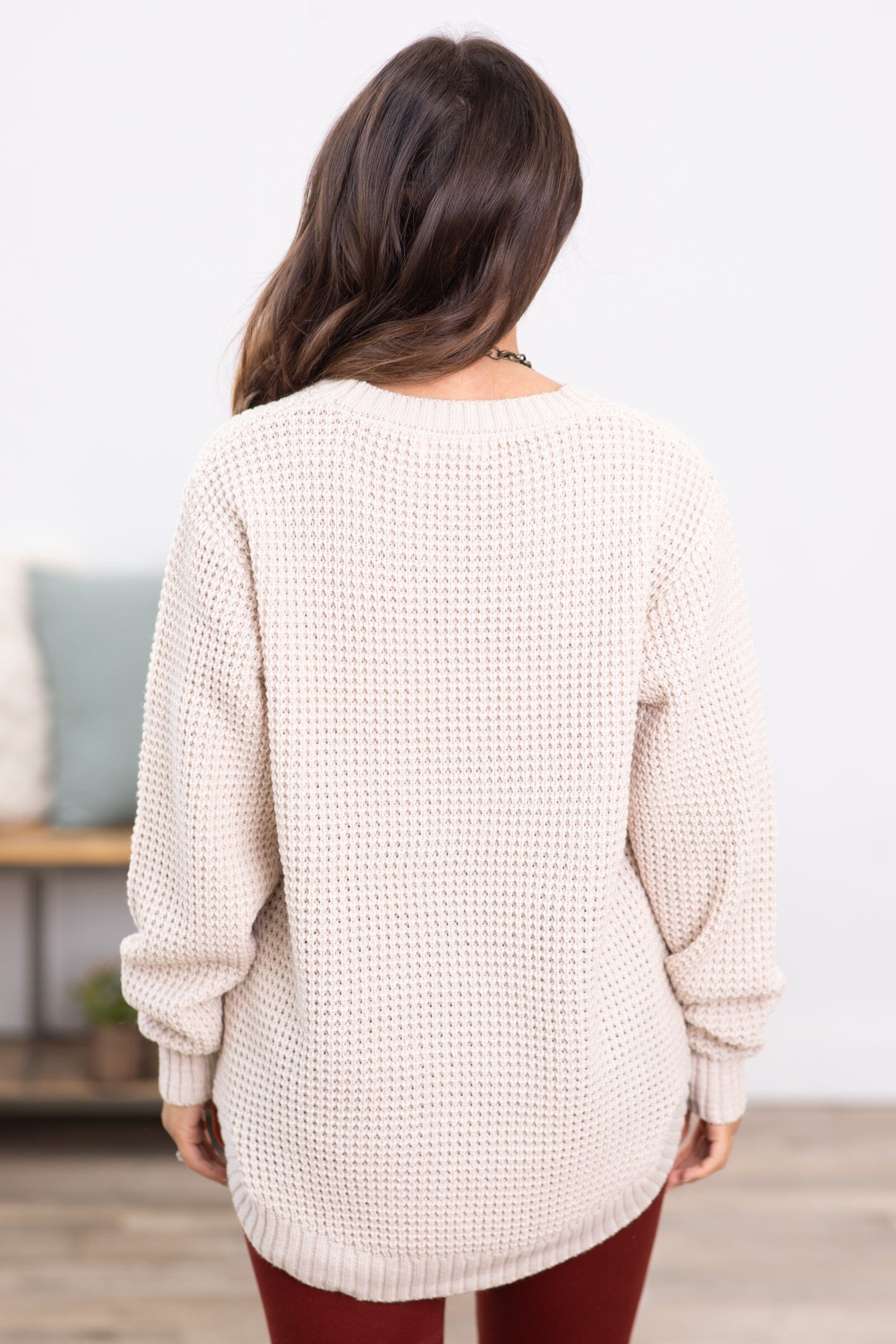 Beige Waffle Knit Round Hem Sweater - Filly Flair