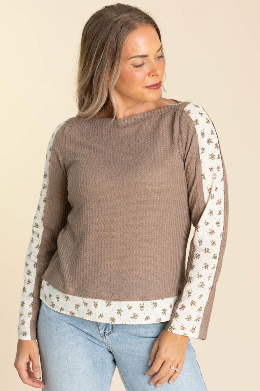 Waffle Knit Boat Neck Tops With Floral Trim