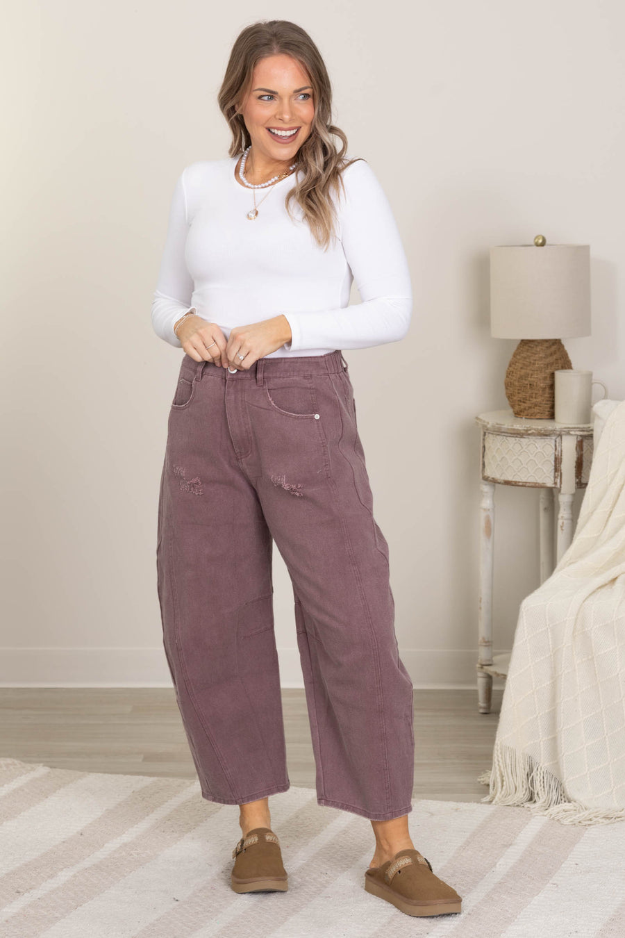 Plum Acid Washed Barrel Denim Pants