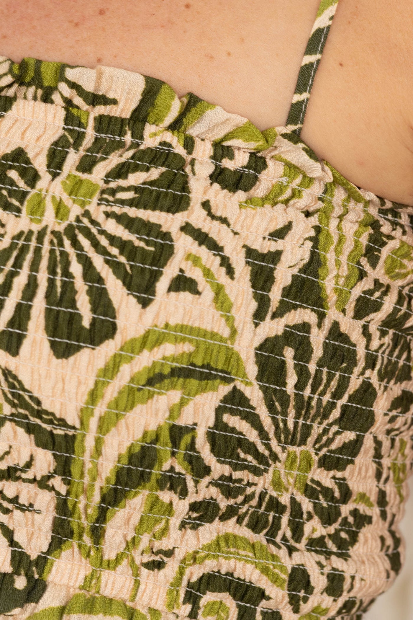 Olive Floral Midi Dress With Smocked Bodice