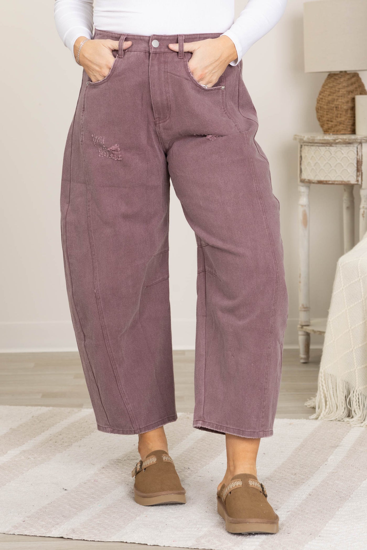 Plum Acid Washed Barrel Denim Pants