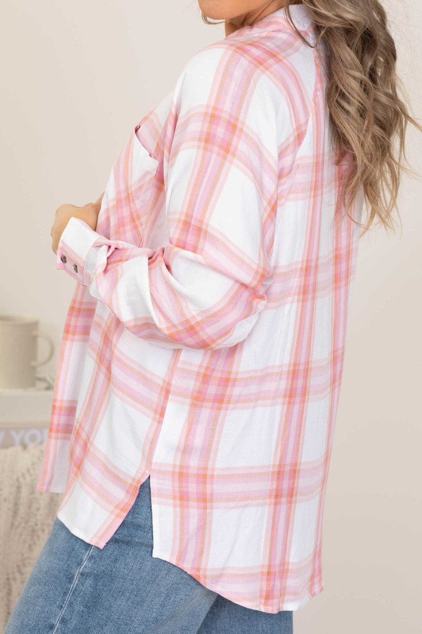 Off White And Pink Plaid Button Down Top