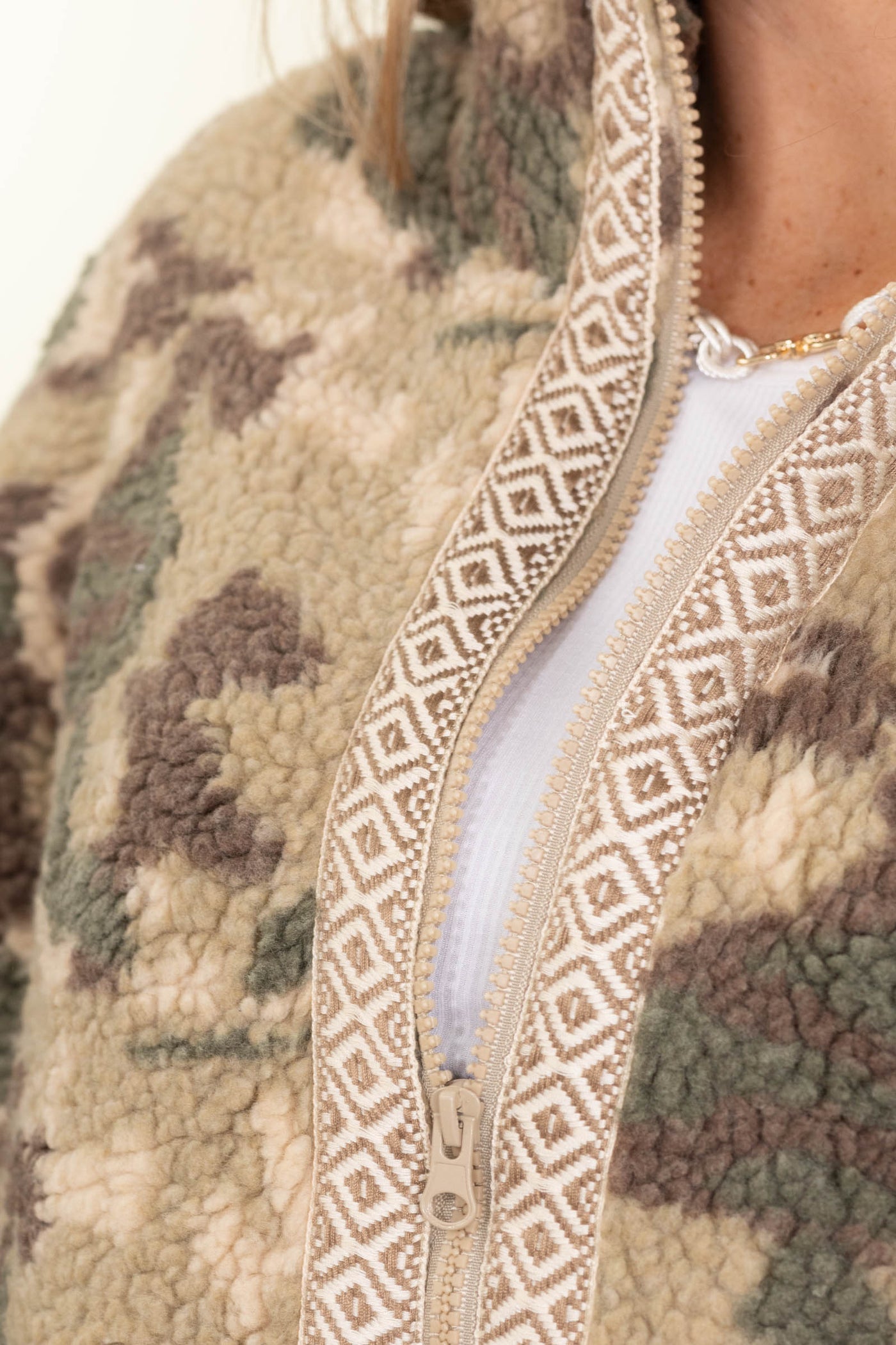 Camo Print Trim Detail Casual Fleece Jacket