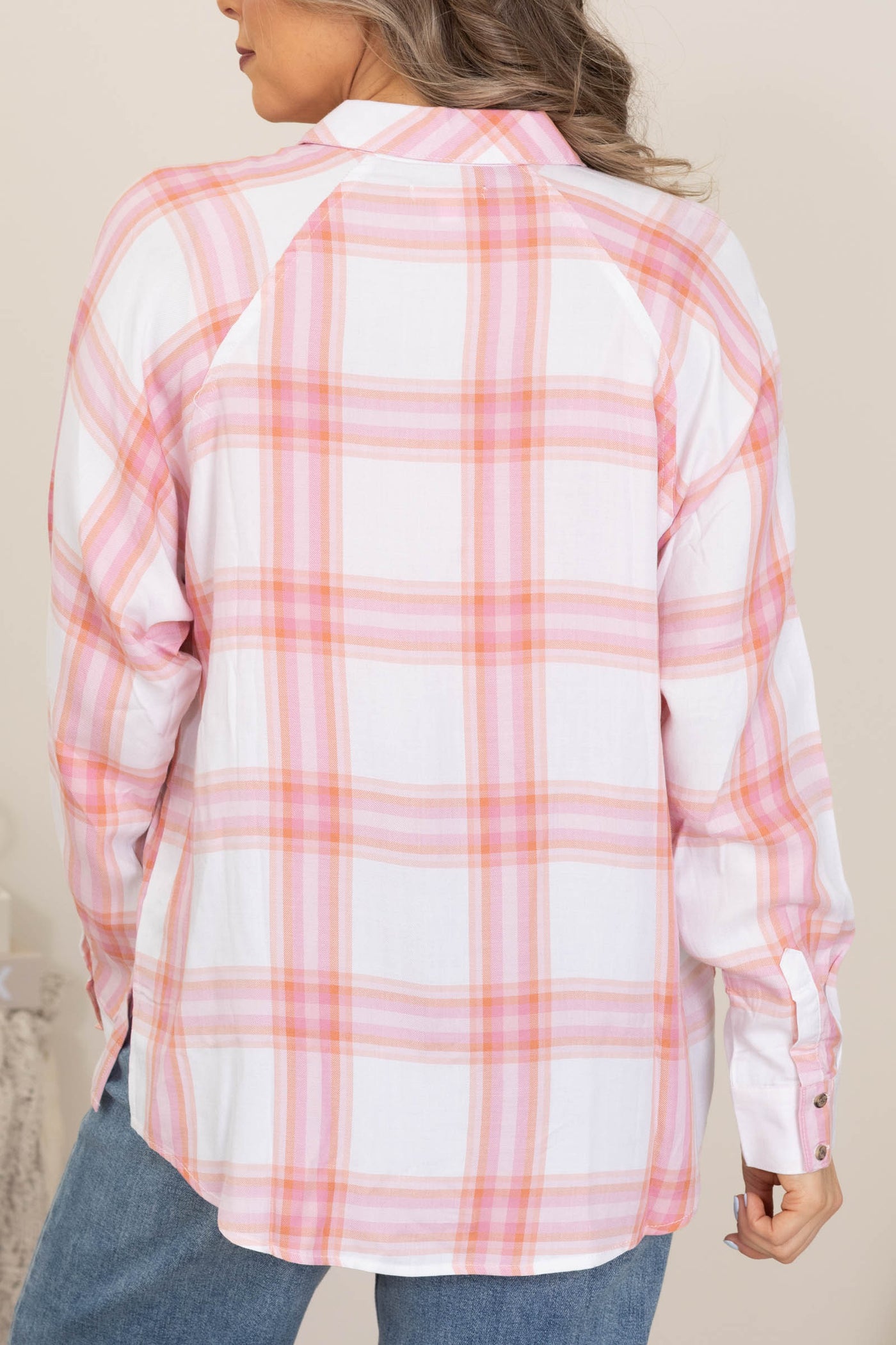 Off White And Pink Plaid Button Down Top