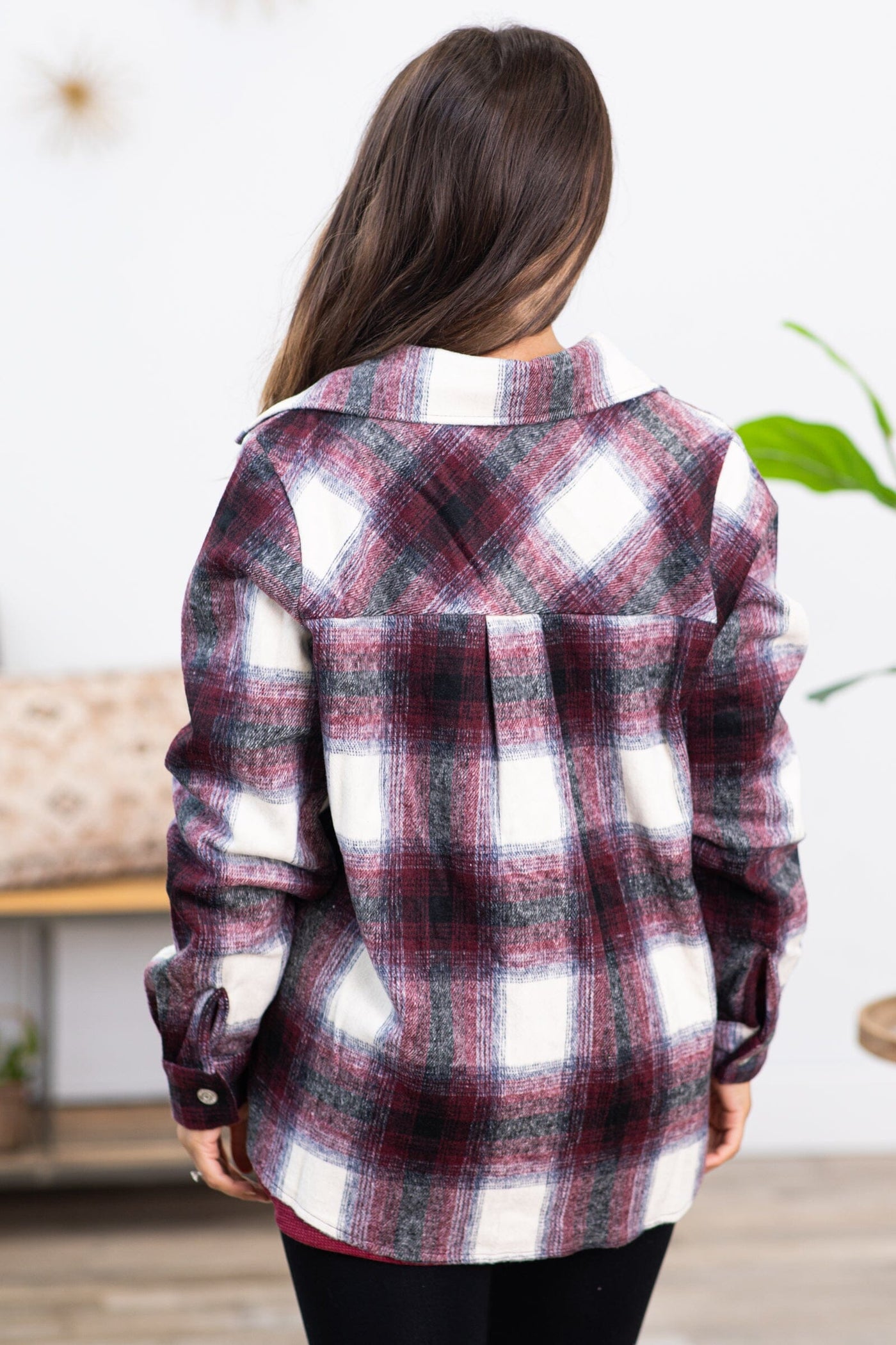 Burgundy and Off White Plaid Shacket - Filly Flair