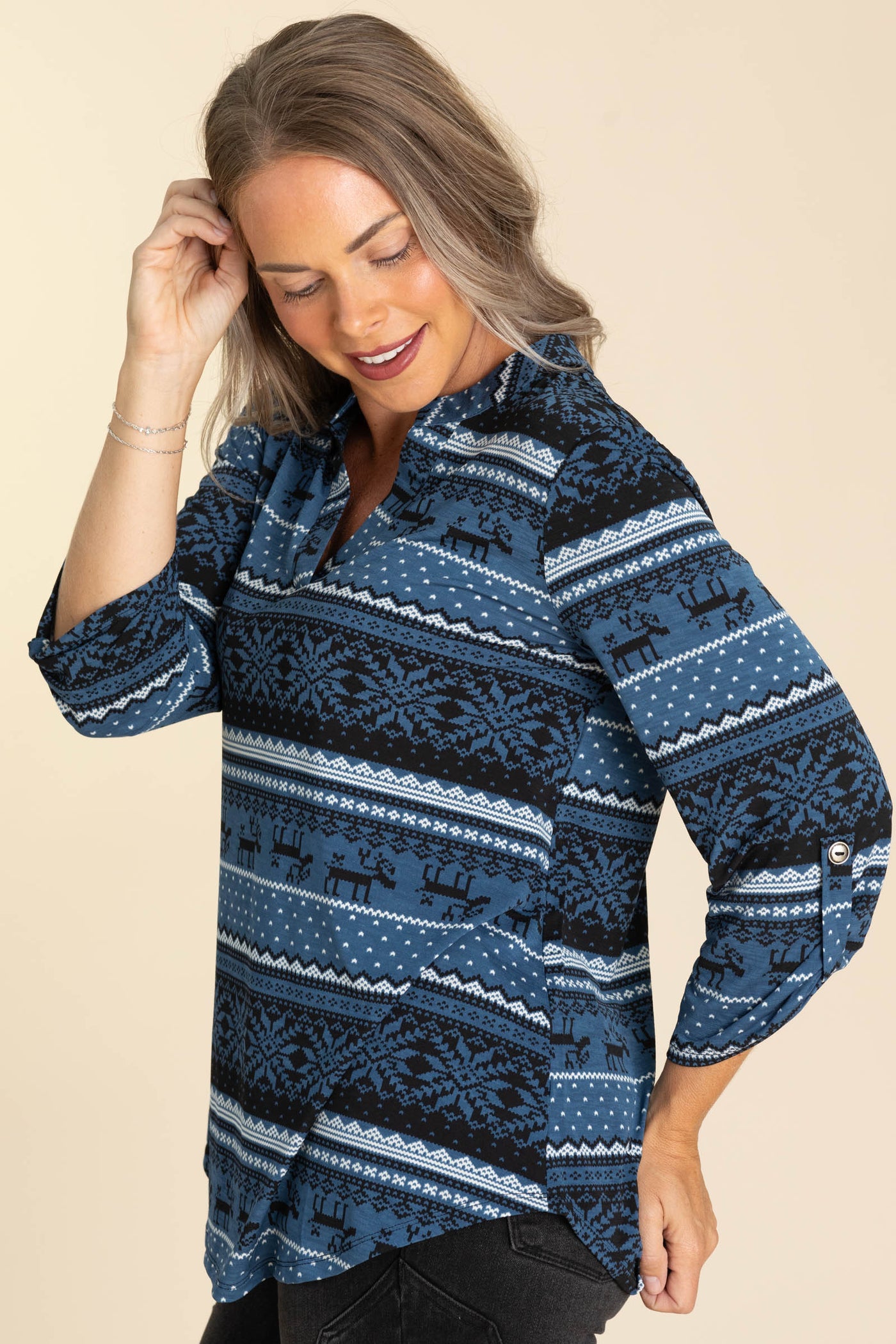Slate Blue Reindeer Lizzy Wrinkle Free Top