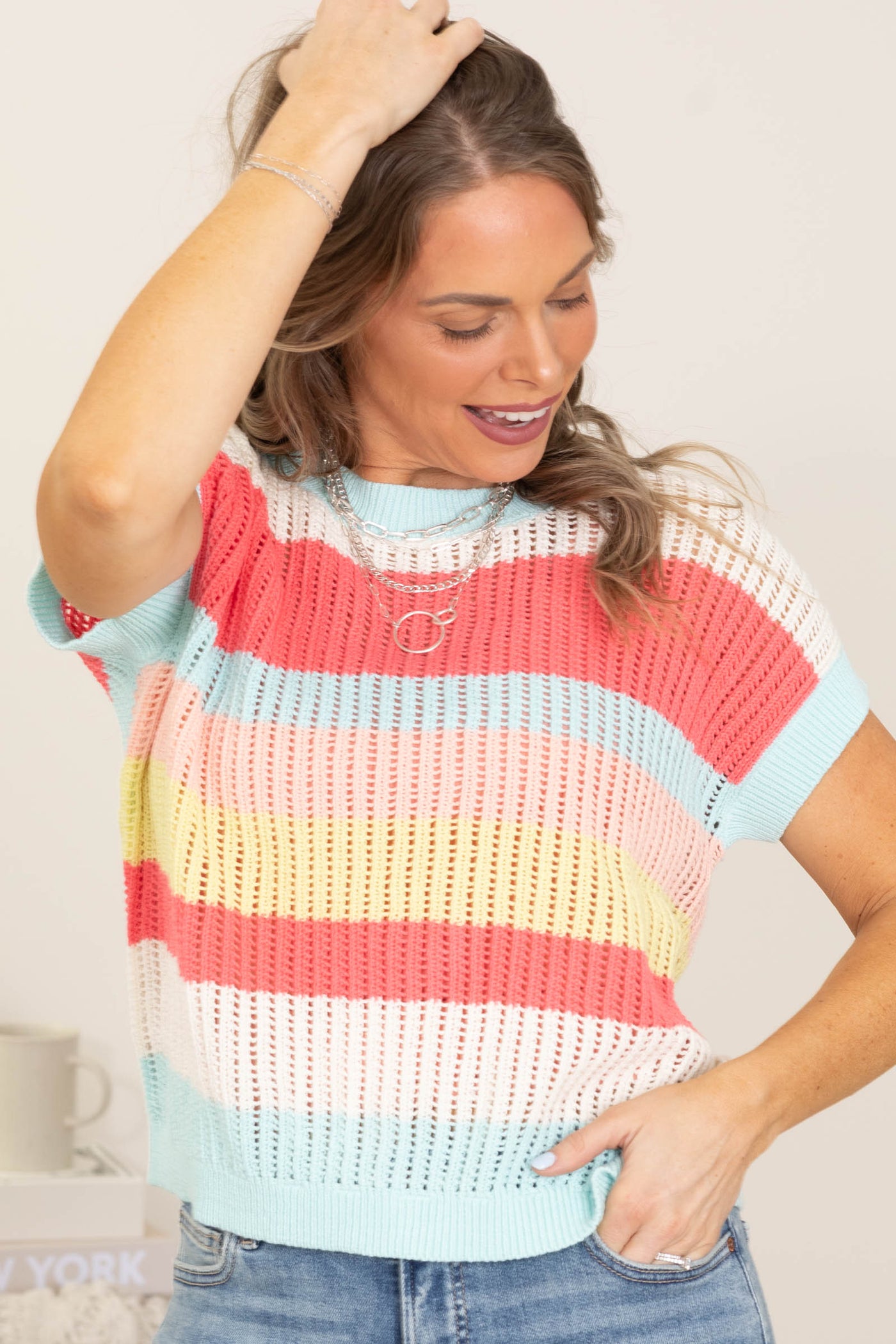 Aqua Multicolor Stripe Crochet Knit Top