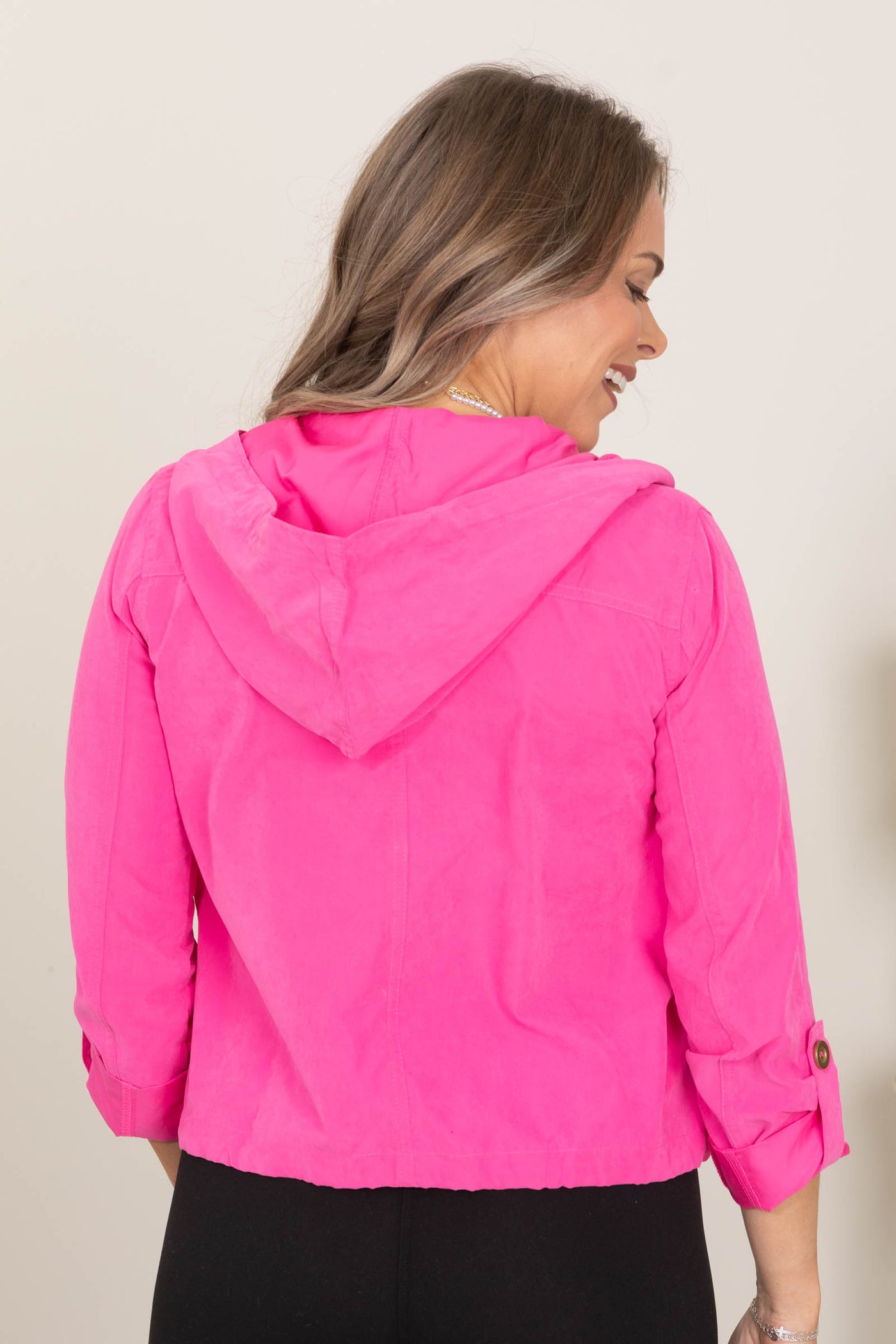 Hot Pink Snap Button Zip Up Hoodie Jacket